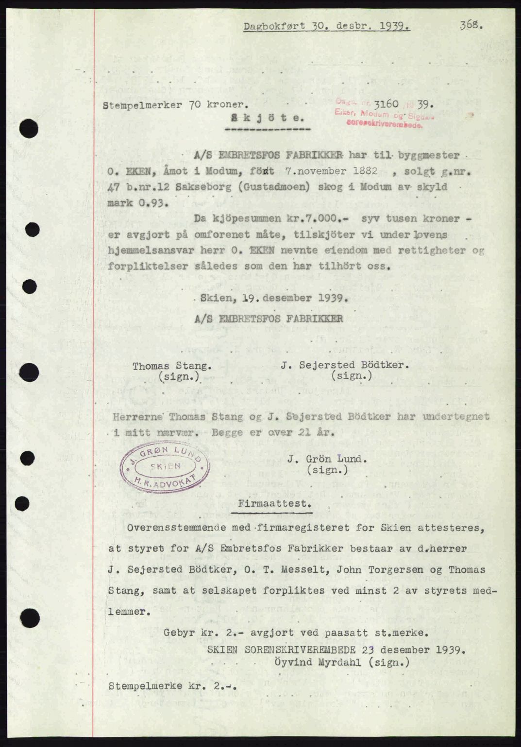 Eiker, Modum og Sigdal sorenskriveri, SAKO/A-123/G/Ga/Gab/L0041: Mortgage book no. A11, 1939-1940, Diary no: : 3160/1939