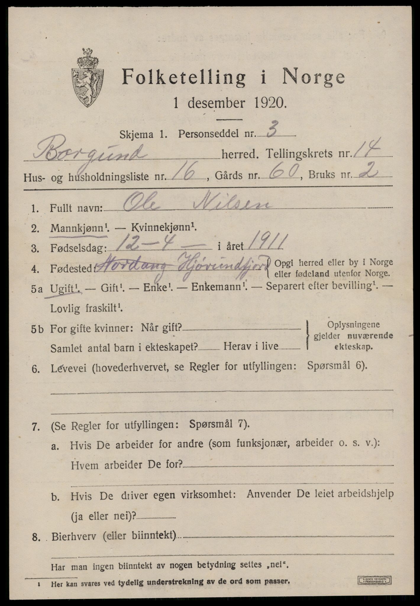 SAT, 1920 census for Borgund, 1920, p. 11256