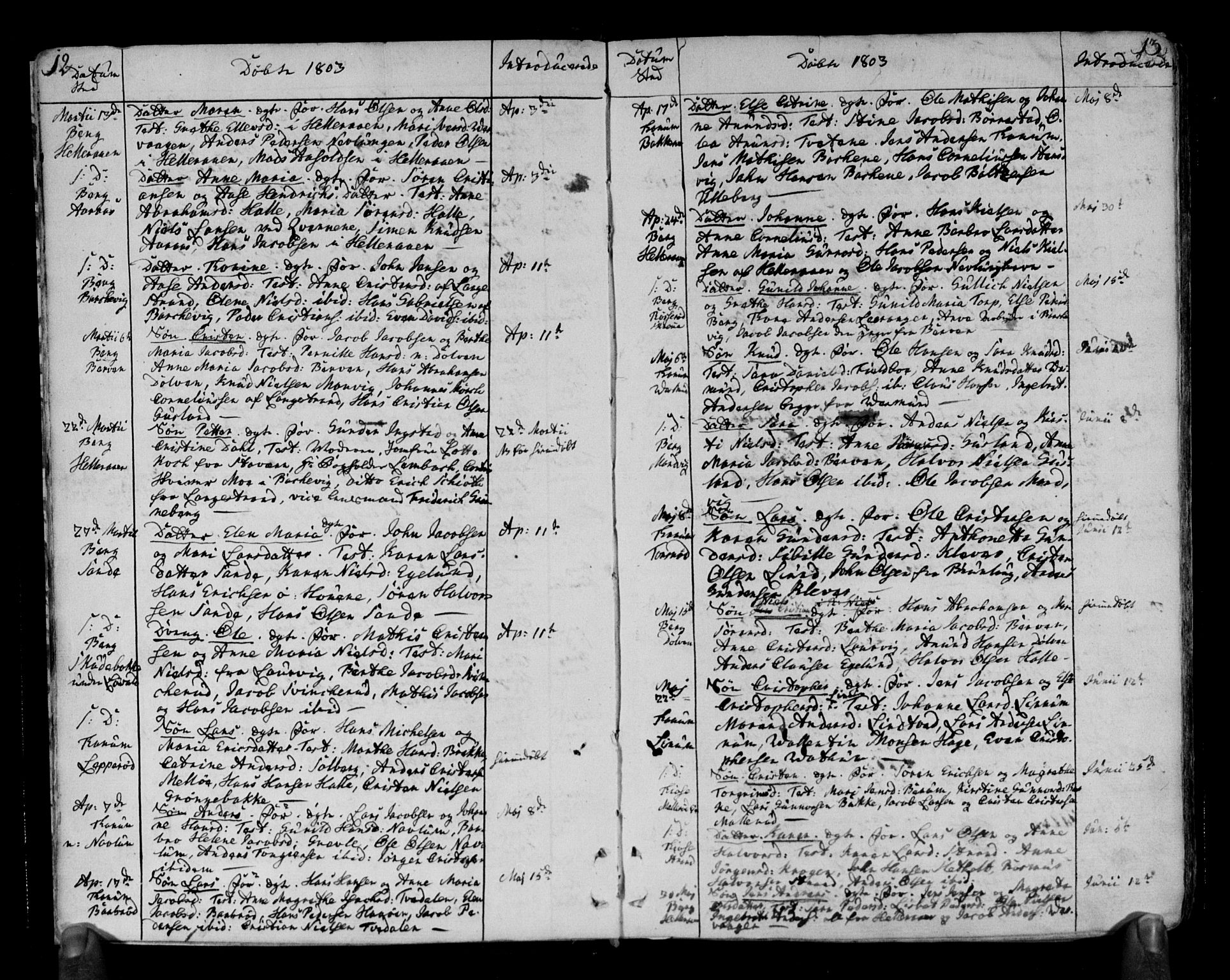 Brunlanes kirkebøker, SAKO/A-342/F/Fa/L0002: Parish register (official) no. I 2, 1802-1834, p. 12-13