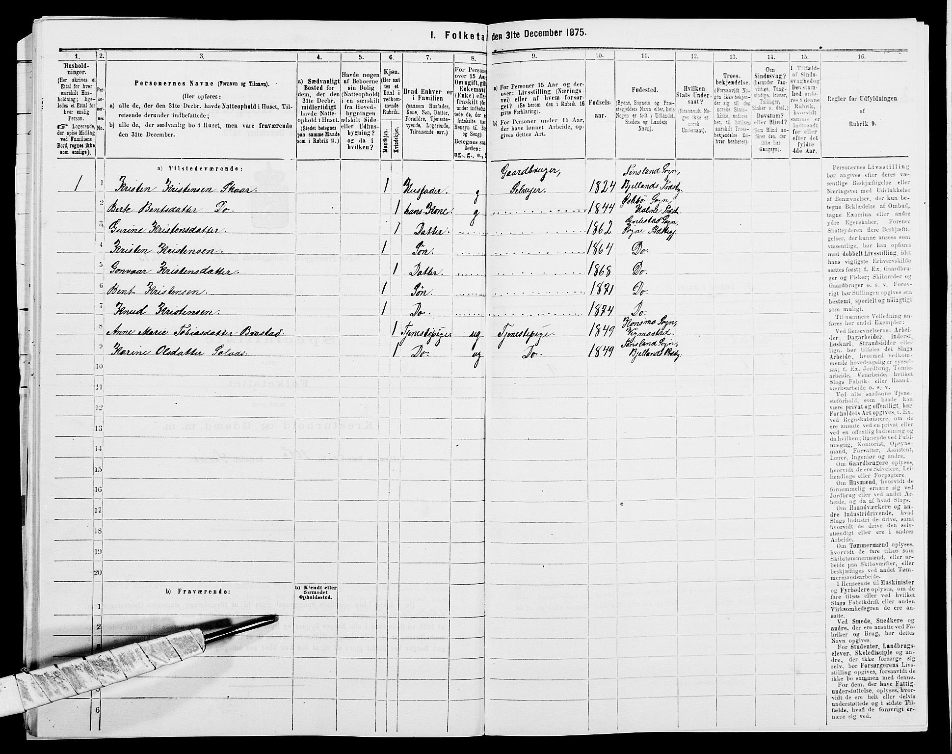 SAK, 1875 census for 1018P Søgne, 1875, p. 1338