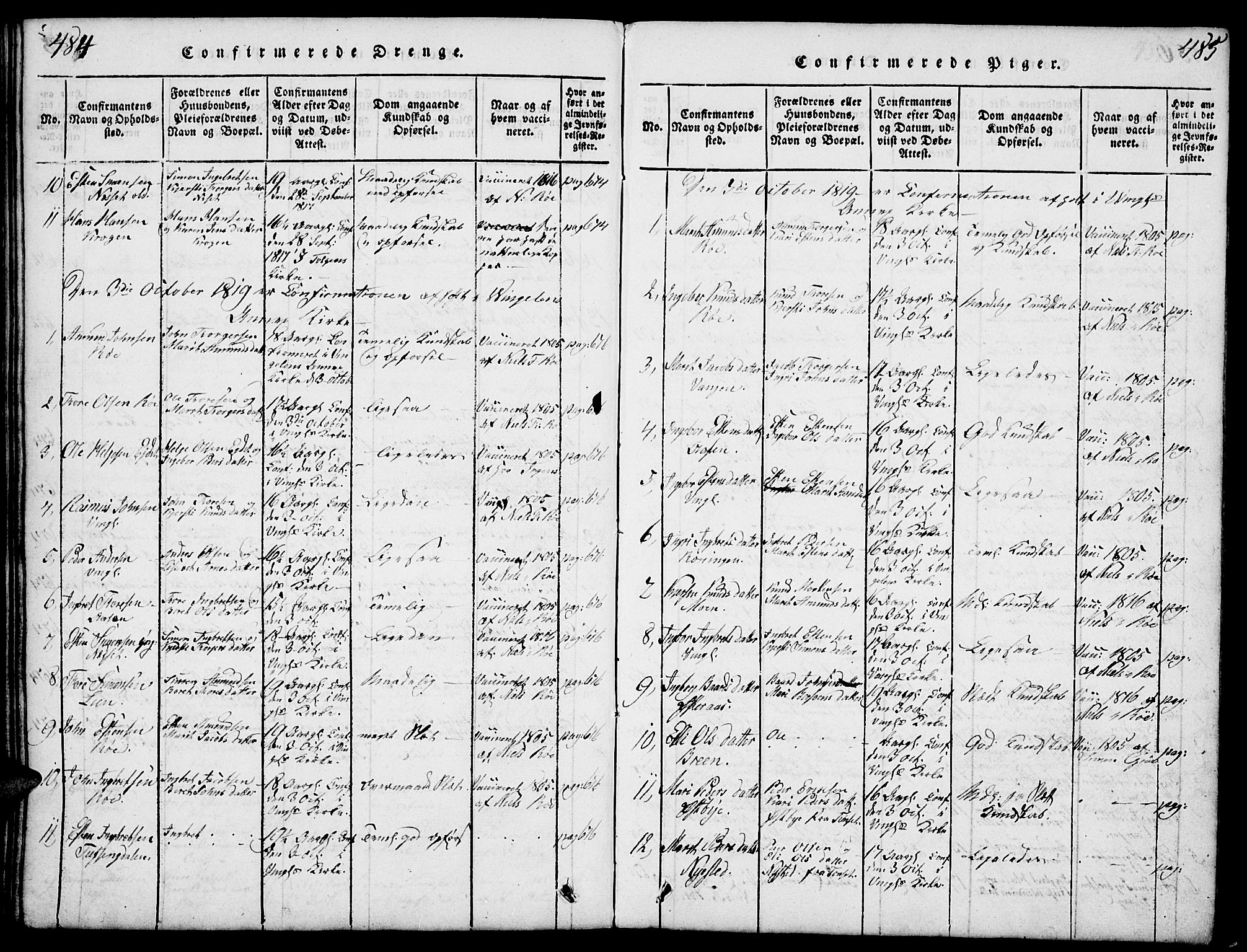 Tolga prestekontor, SAH/PREST-062/L/L0003: Parish register (copy) no. 3, 1815-1862, p. 484-485