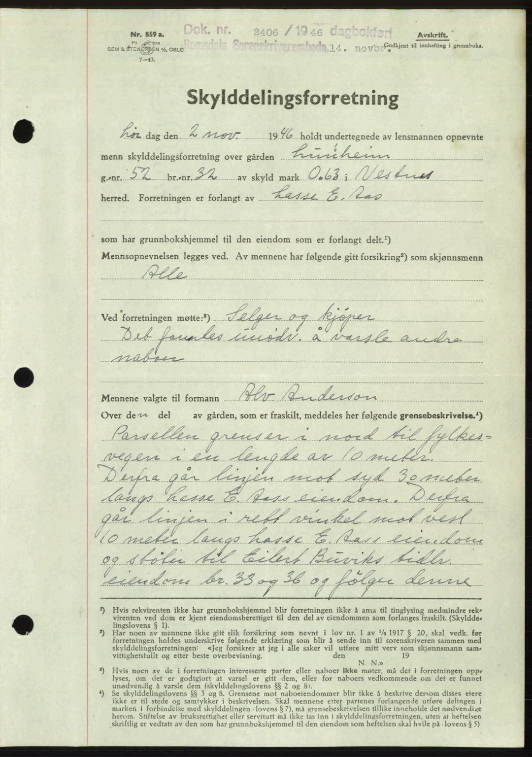 Romsdal sorenskriveri, AV/SAT-A-4149/1/2/2C: Mortgage book no. A21, 1946-1946, Diary no: : 2406/1946