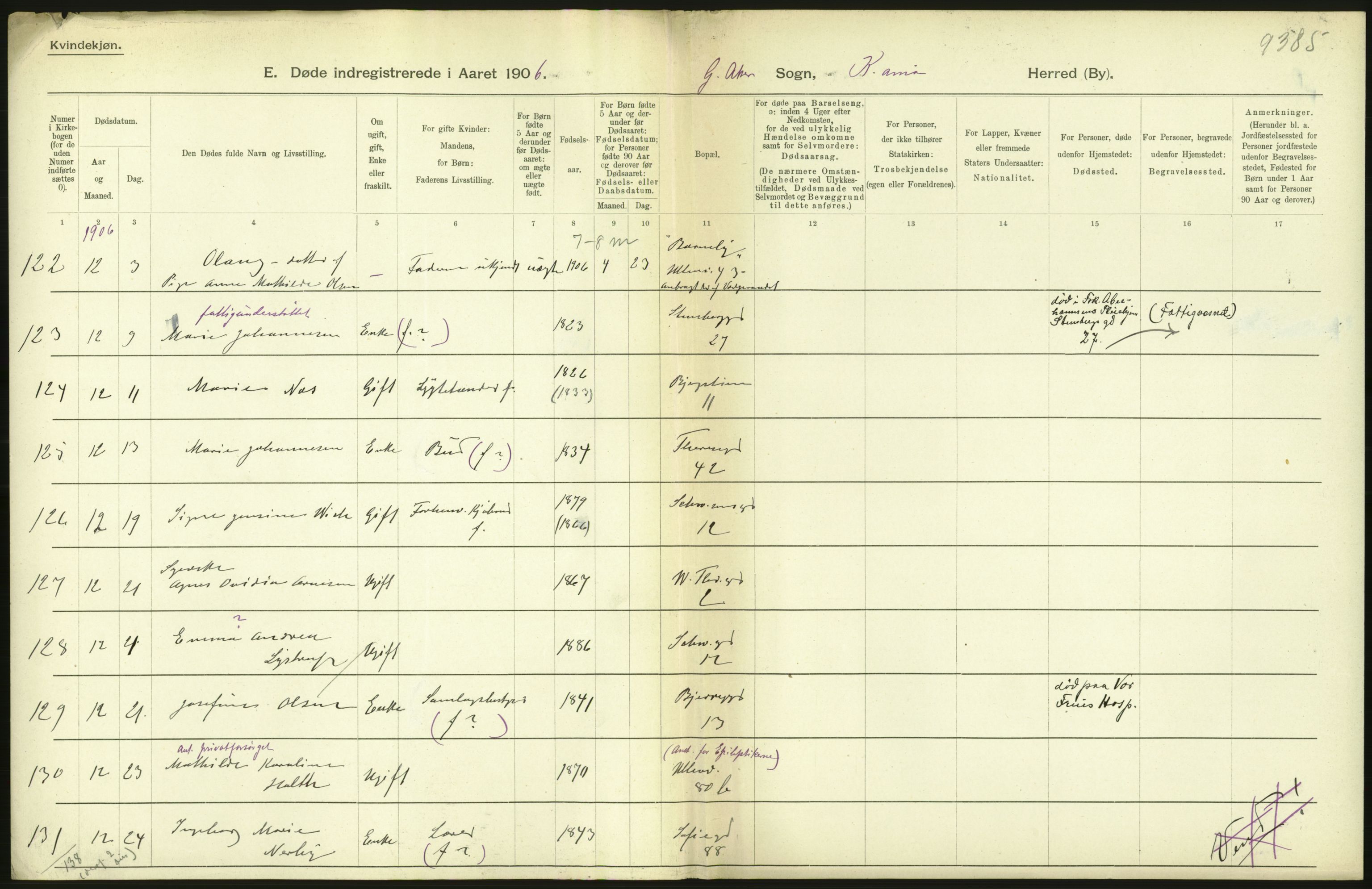 Statistisk sentralbyrå, Sosiodemografiske emner, Befolkning, RA/S-2228/D/Df/Dfa/Dfad/L0010: Kristiania: Døde, dødfødte, 1906, p. 148