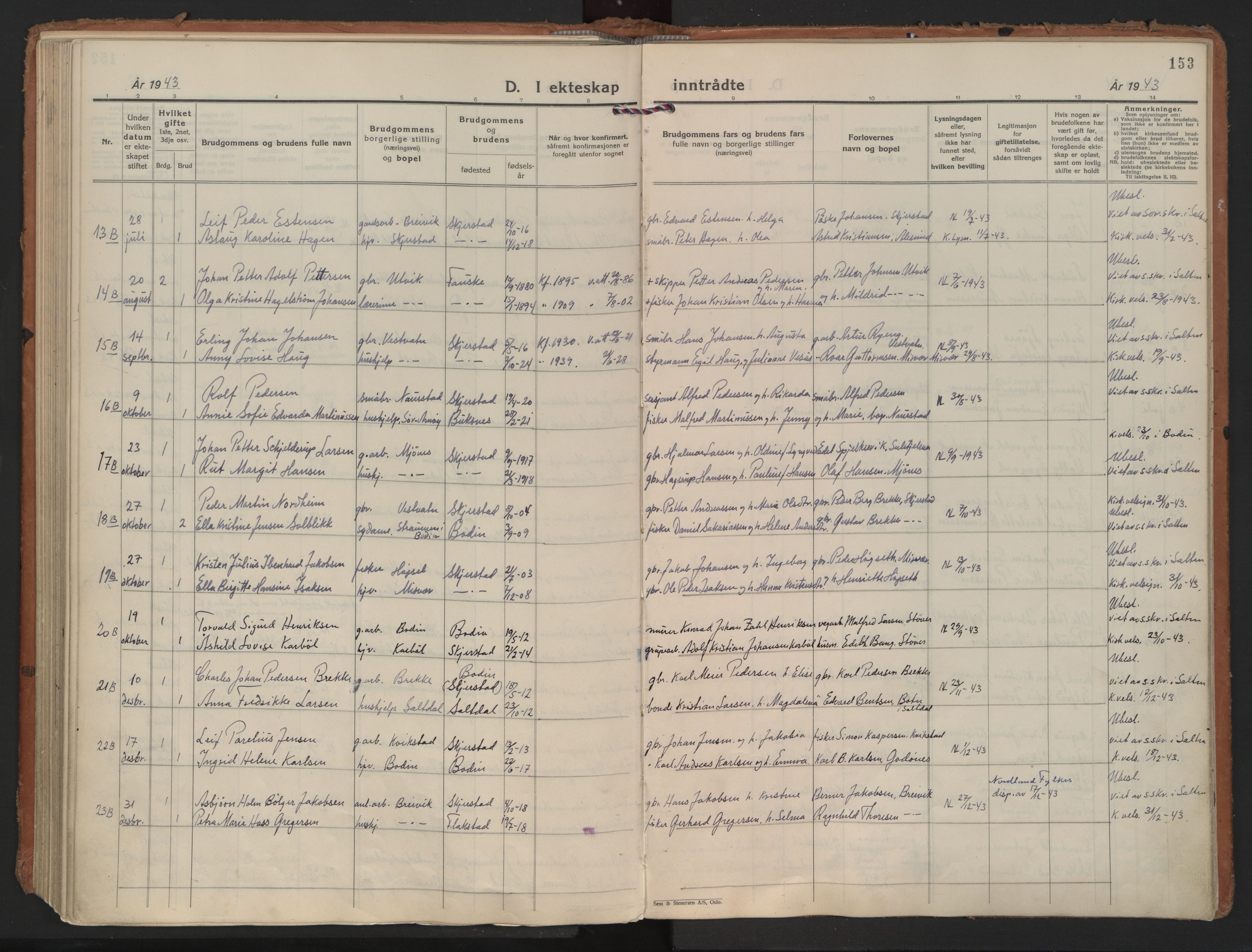 Ministerialprotokoller, klokkerbøker og fødselsregistre - Nordland, AV/SAT-A-1459/852/L0749: Parish register (official) no. 852A19, 1933-1951, p. 153