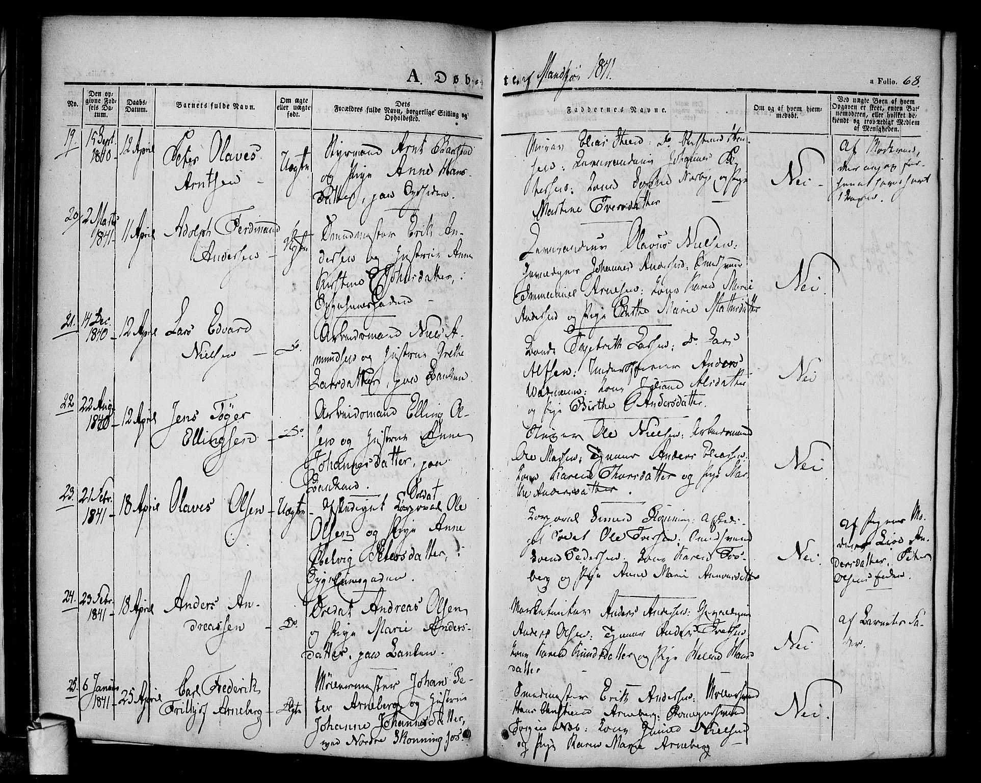 Halden prestekontor Kirkebøker, SAO/A-10909/F/Fa/L0005: Parish register (official) no. I 5, 1834-1845, p. 68