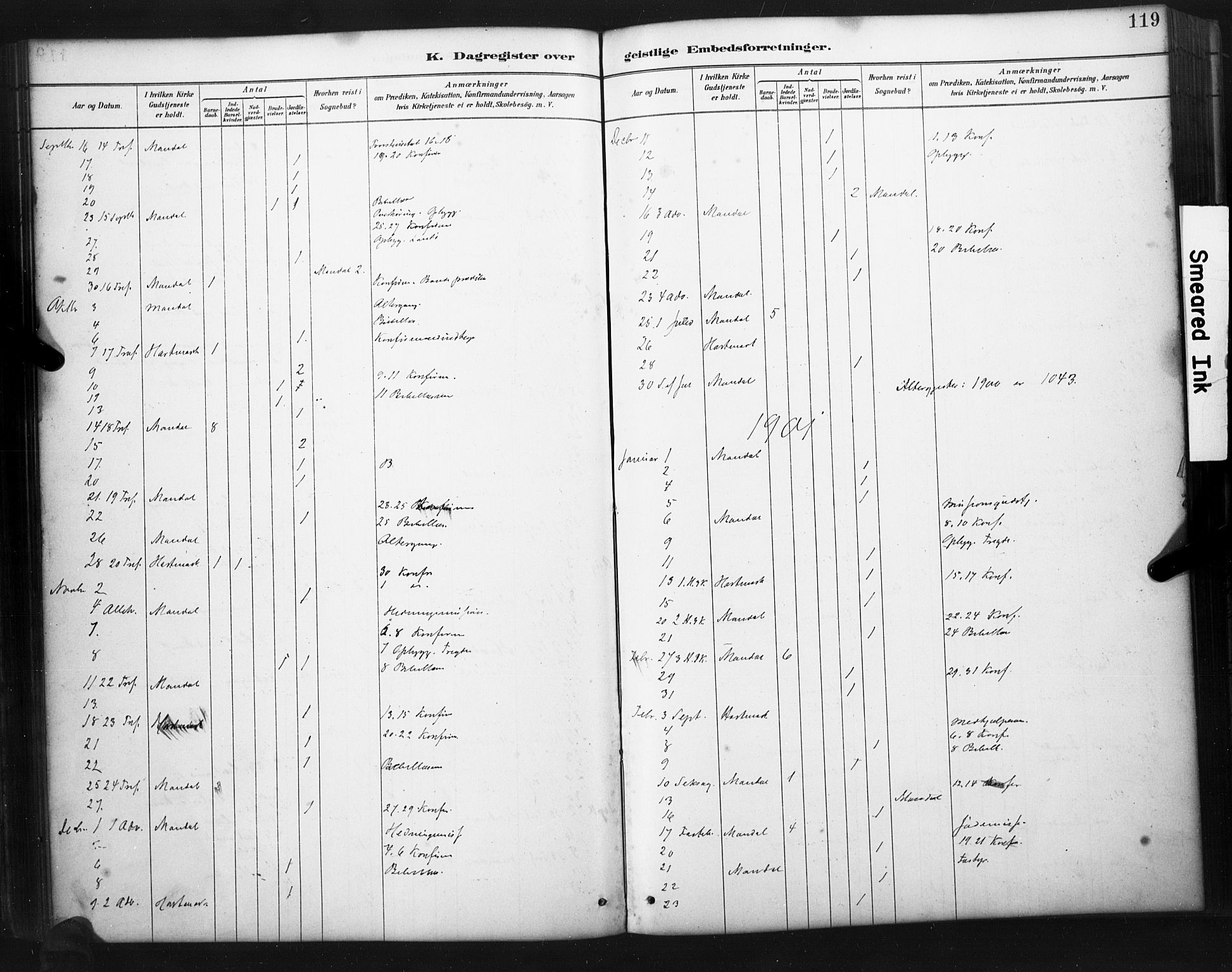 Mandal sokneprestkontor, AV/SAK-1111-0030/F/Fa/Faa/L0017: Parish register (official) no. A 17, 1880-1926, p. 119