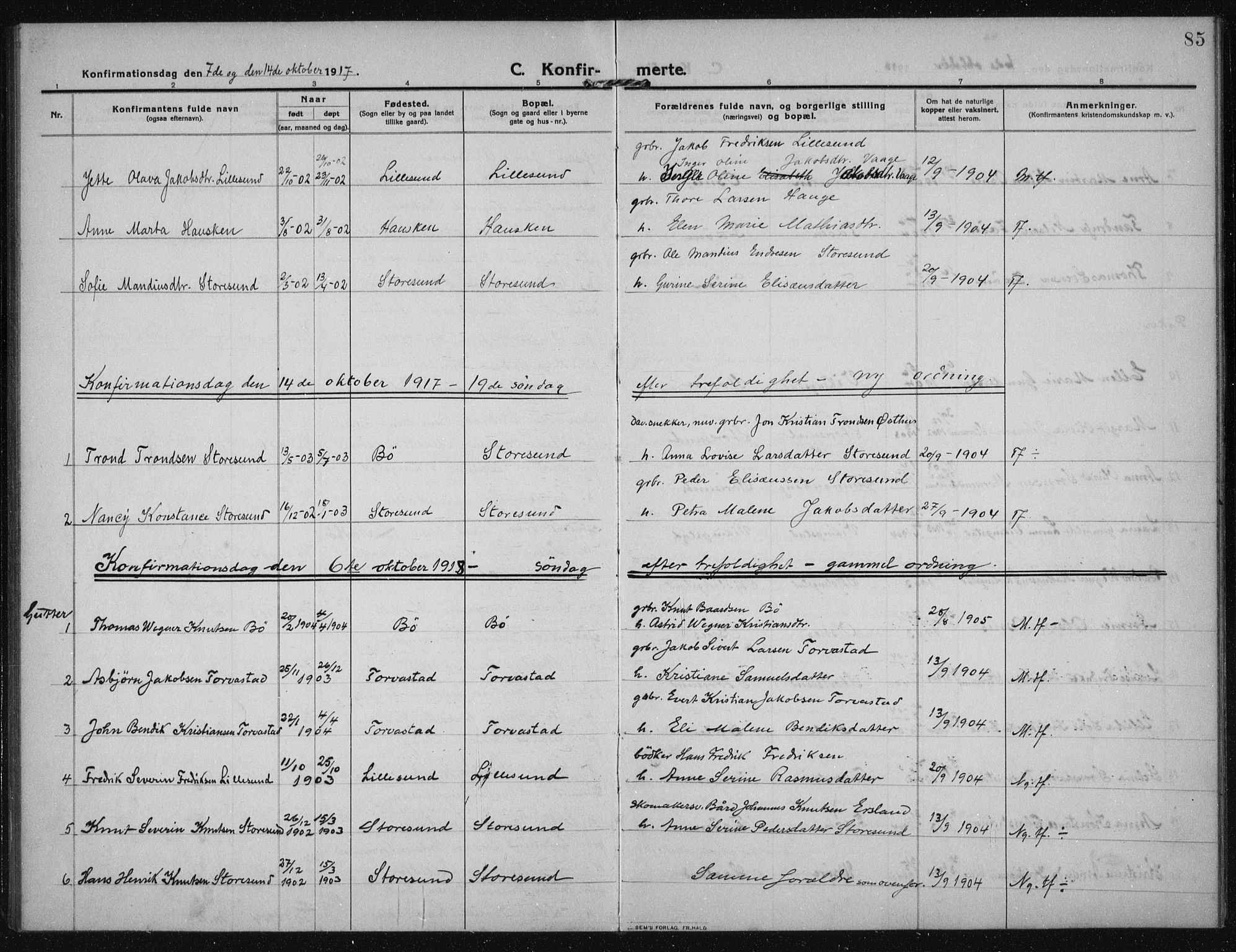 Torvastad sokneprestkontor, AV/SAST-A -101857/H/Ha/Haa/L0019: Parish register (official) no. A 18, 1912-1920, p. 85