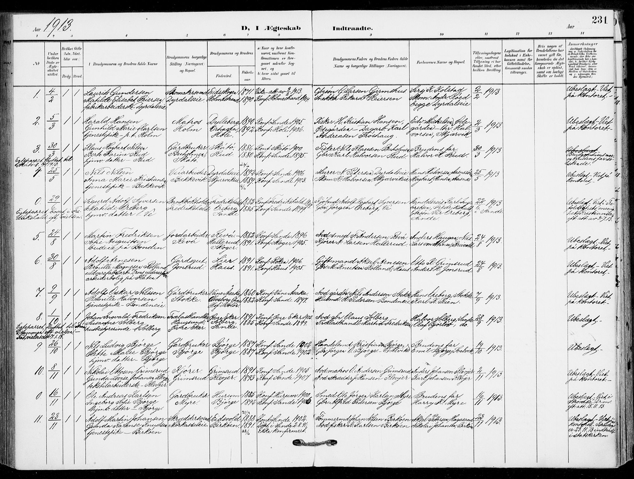 Sande Kirkebøker, SAKO/A-53/F/Fa/L0008: Parish register (official) no. 8, 1904-1921, p. 231