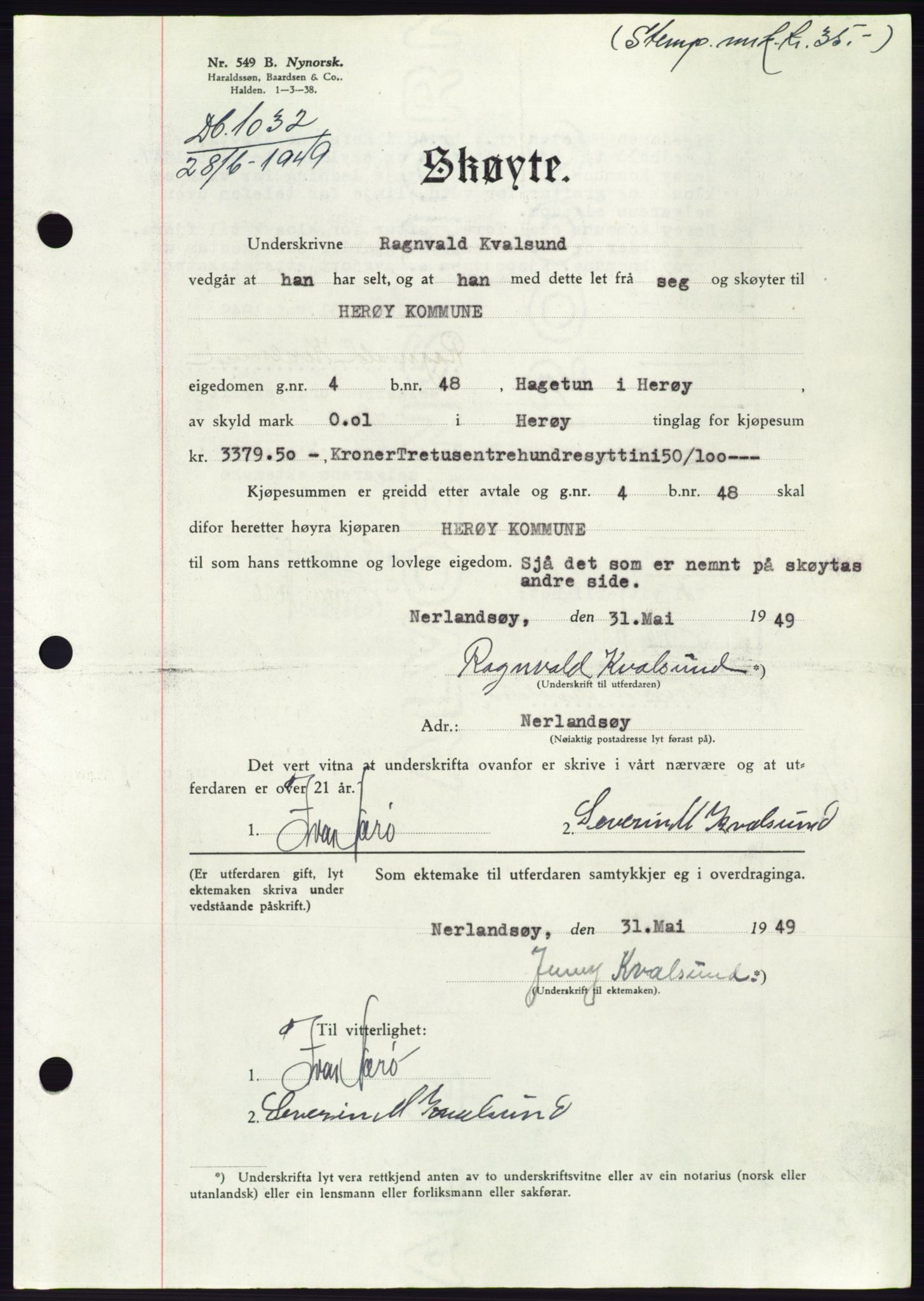 Søre Sunnmøre sorenskriveri, AV/SAT-A-4122/1/2/2C/L0084: Mortgage book no. 10A, 1949-1949, Diary no: : 1032/1949