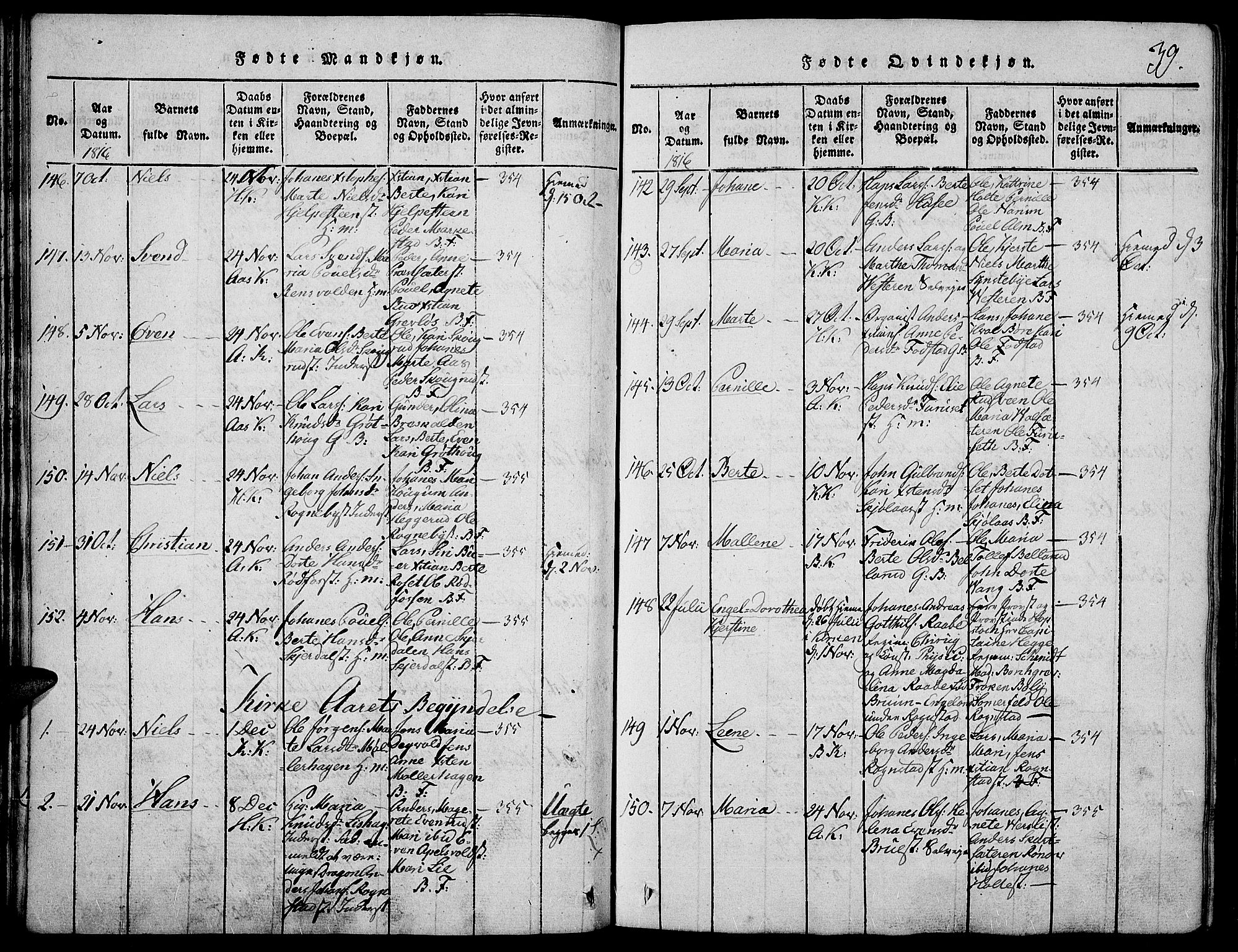 Toten prestekontor, SAH/PREST-102/H/Ha/Haa/L0009: Parish register (official) no. 9, 1814-1820, p. 39