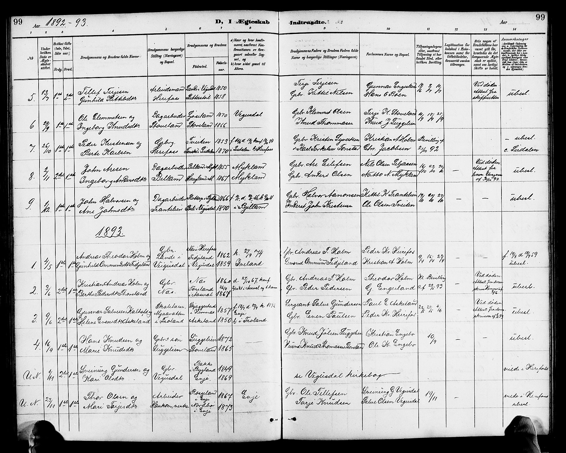 Herefoss sokneprestkontor, AV/SAK-1111-0019/F/Fb/Fba/L0003: Parish register (copy) no. B 3, 1887-1925, p. 99