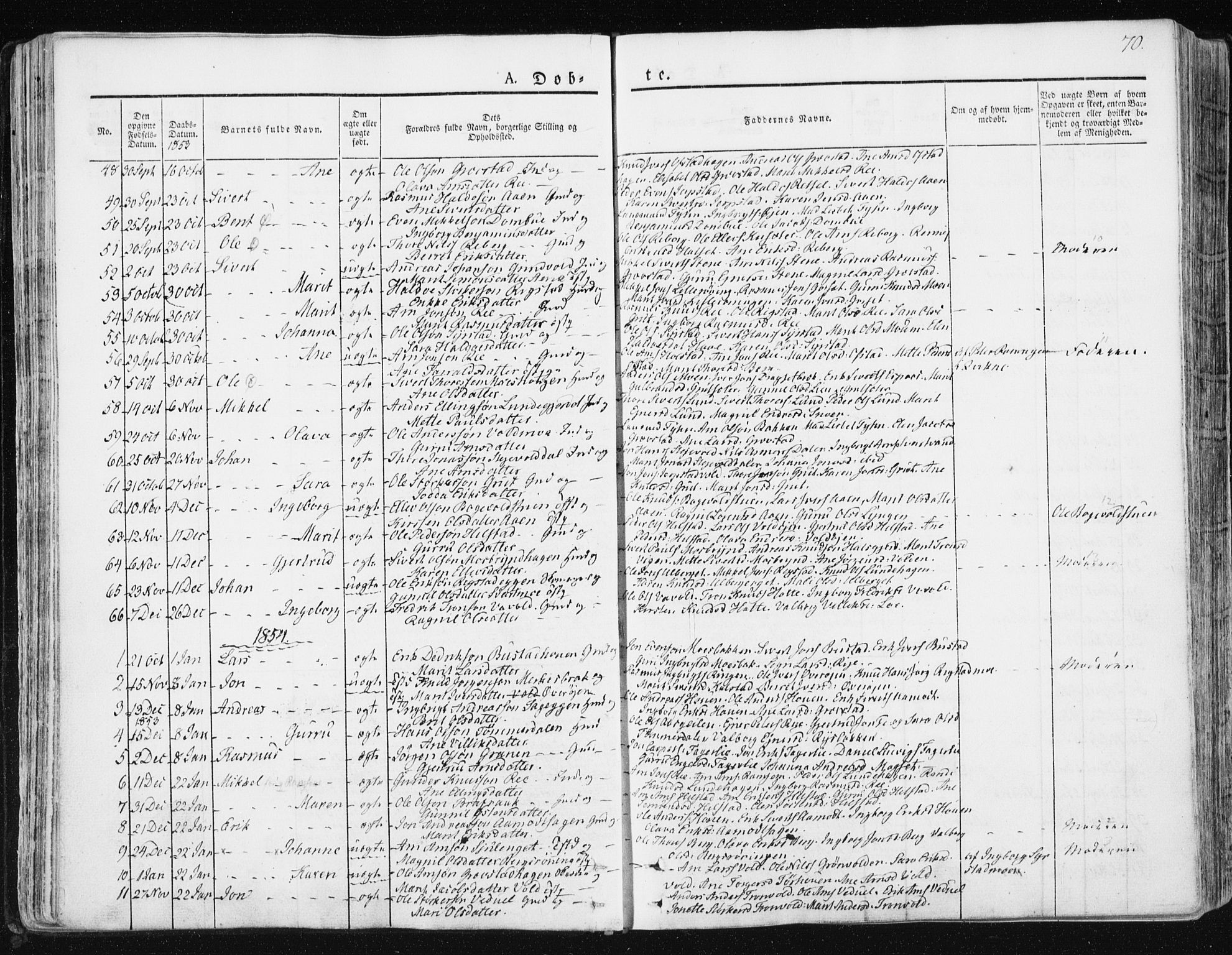 Ministerialprotokoller, klokkerbøker og fødselsregistre - Sør-Trøndelag, SAT/A-1456/672/L0855: Parish register (official) no. 672A07, 1829-1860, p. 70