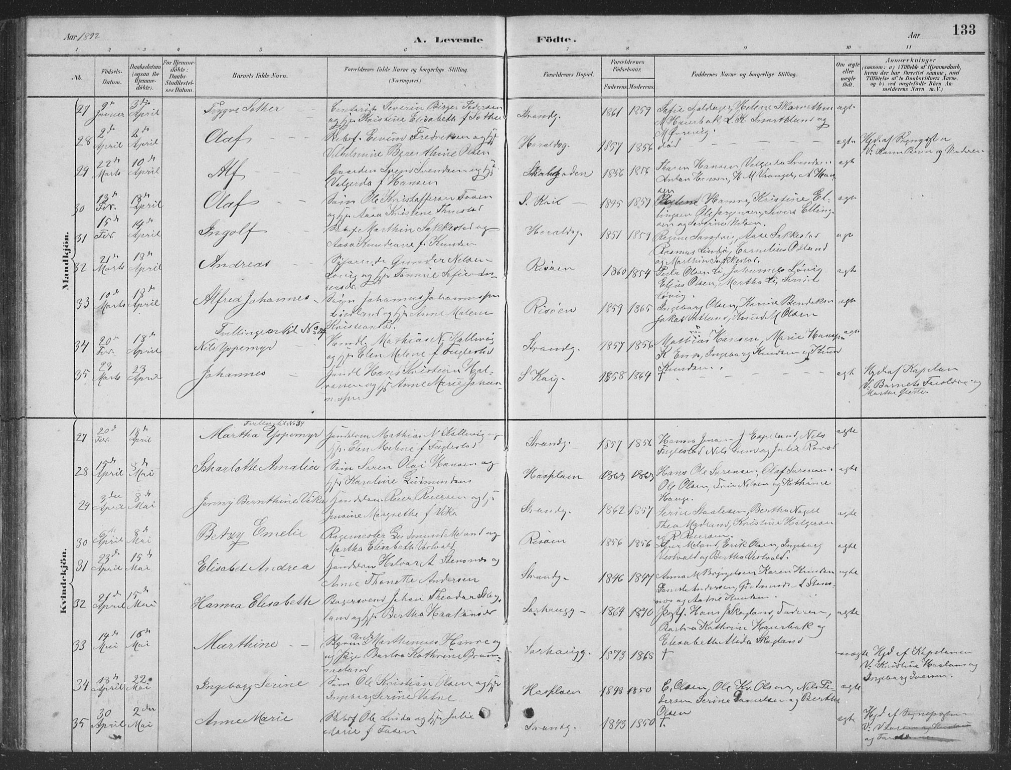 Haugesund sokneprestkontor, AV/SAST-A -101863/H/Ha/Hab/L0002: Parish register (copy) no. B 2, 1881-1894, p. 133