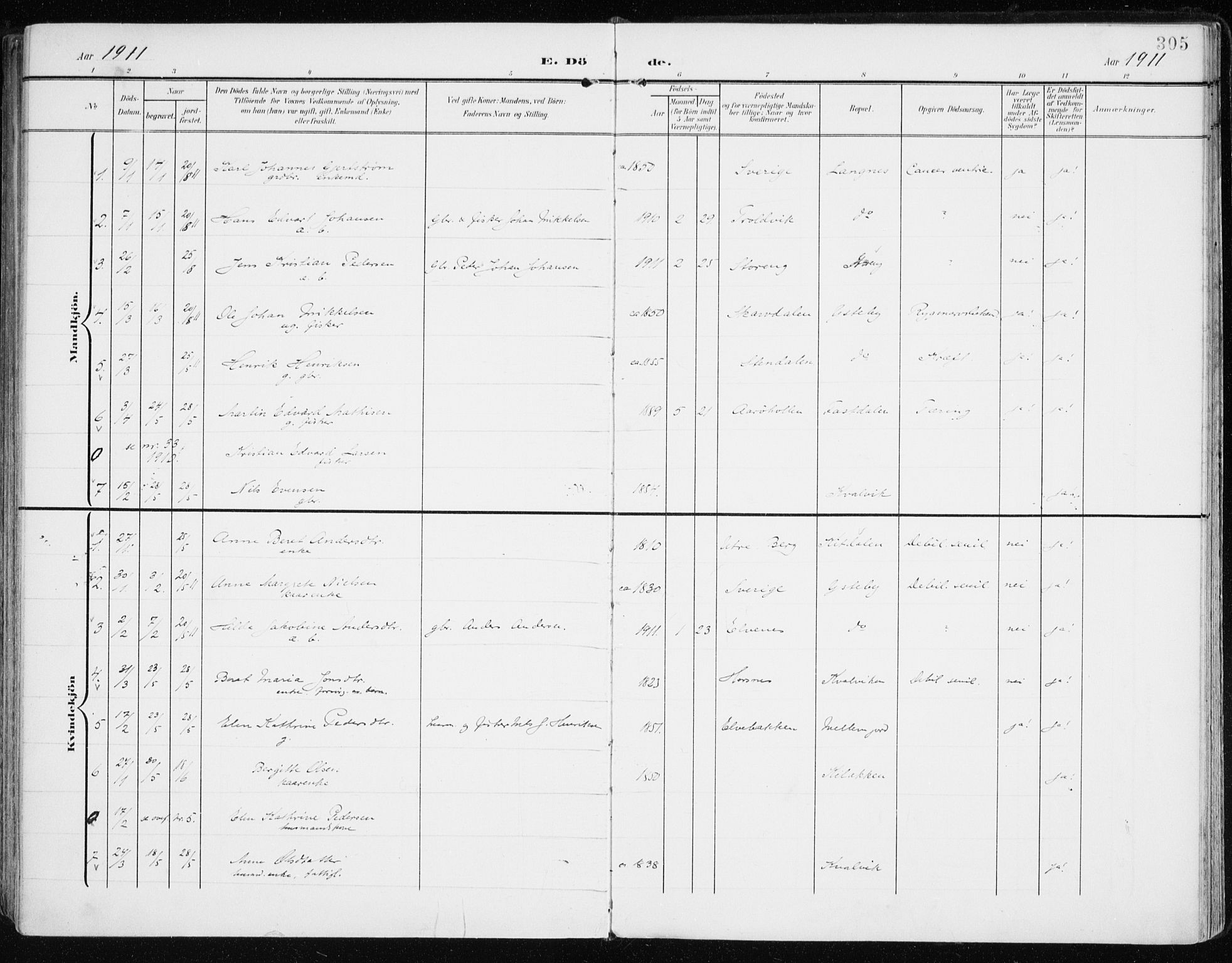 Lyngen sokneprestembete, AV/SATØ-S-1289/H/He/Hea/L0011kirke: Parish register (official) no. 11, 1903-1913, p. 305