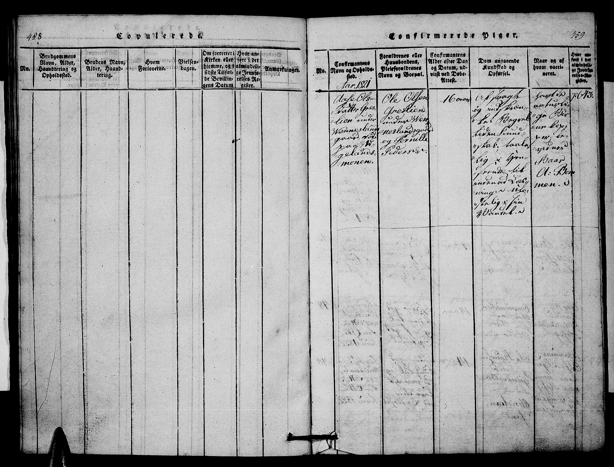 Vennesla sokneprestkontor, SAK/1111-0045/Fb/Fbb/L0001: Parish register (copy) no. B 1, 1820-1834, p. 458-459