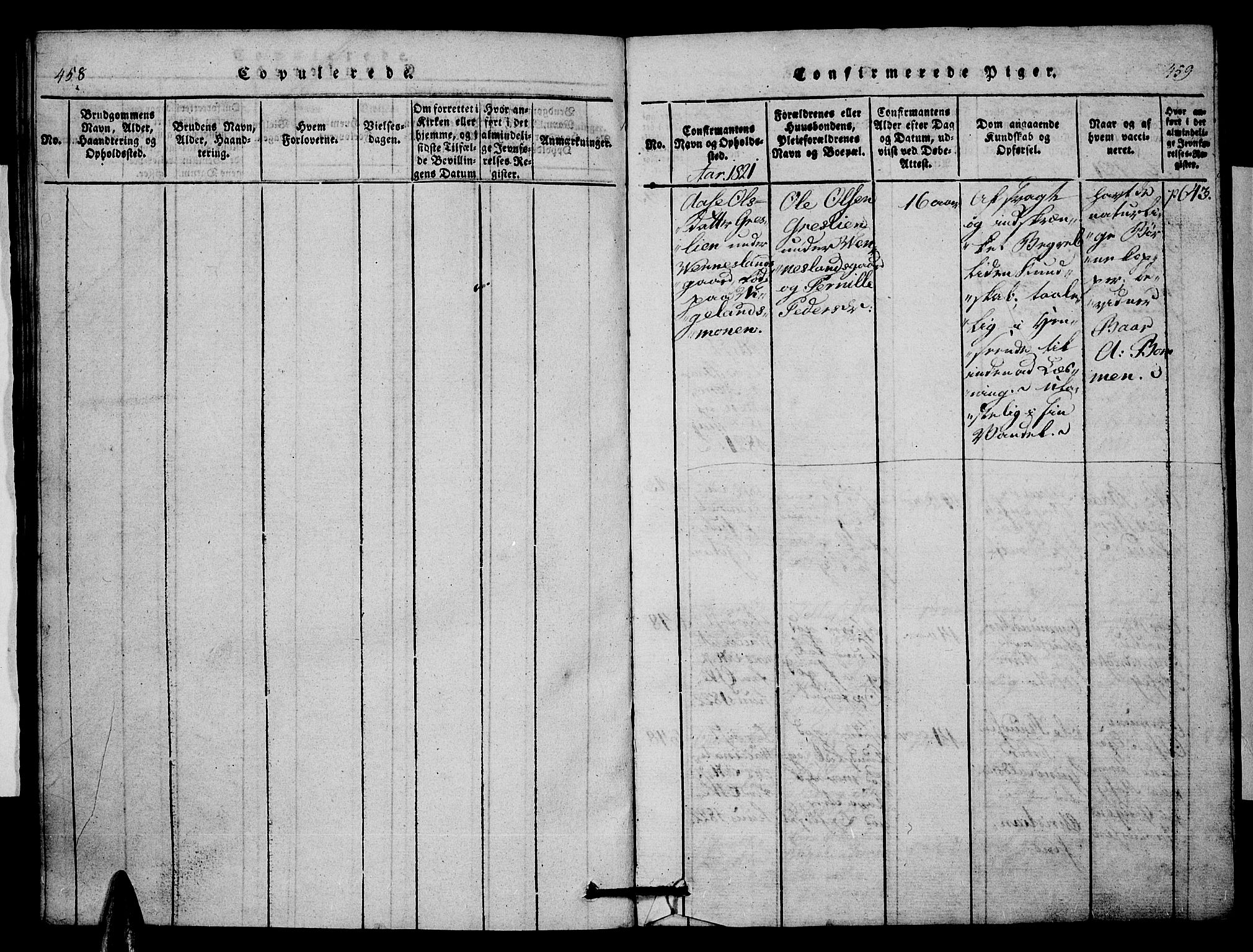 Vennesla sokneprestkontor, AV/SAK-1111-0045/Fb/Fbb/L0001: Parish register (copy) no. B 1, 1820-1834, p. 458-459