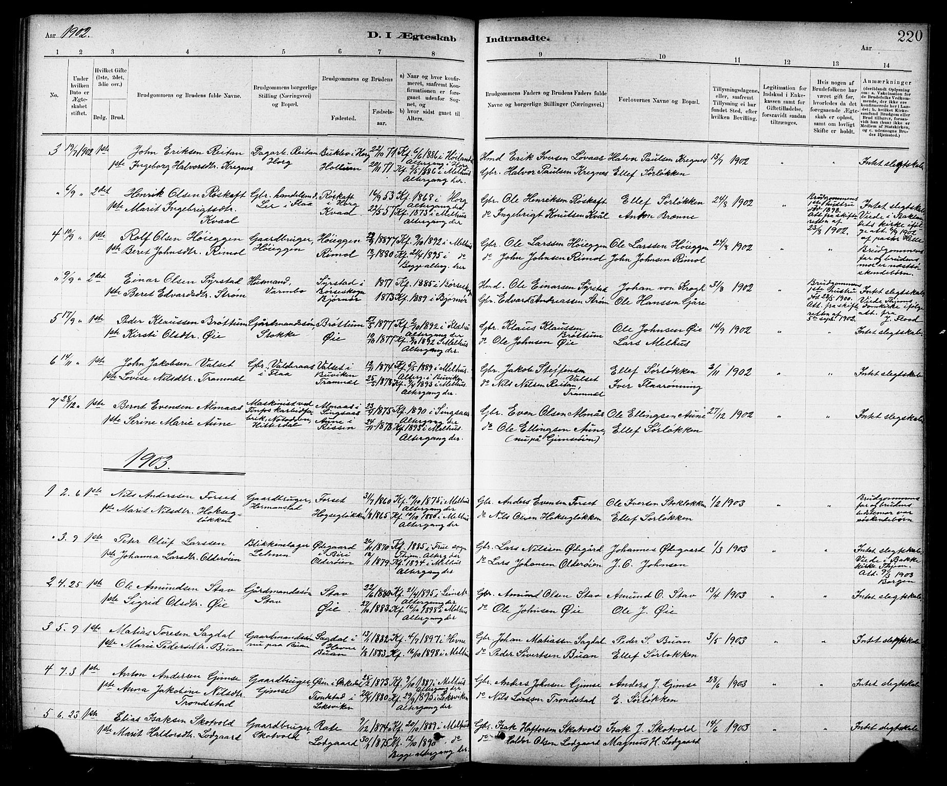 Ministerialprotokoller, klokkerbøker og fødselsregistre - Sør-Trøndelag, SAT/A-1456/691/L1094: Parish register (copy) no. 691C05, 1879-1911, p. 220