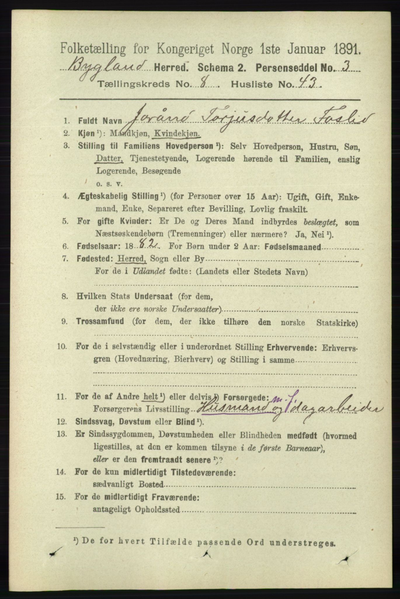 RA, 1891 census for 0938 Bygland, 1891, p. 2180