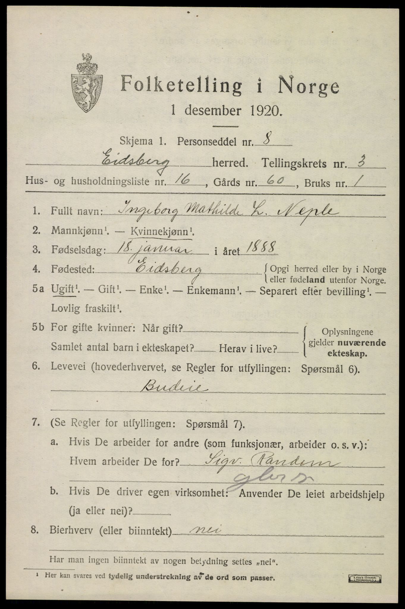 SAO, 1920 census for Eidsberg, 1920, p. 4193