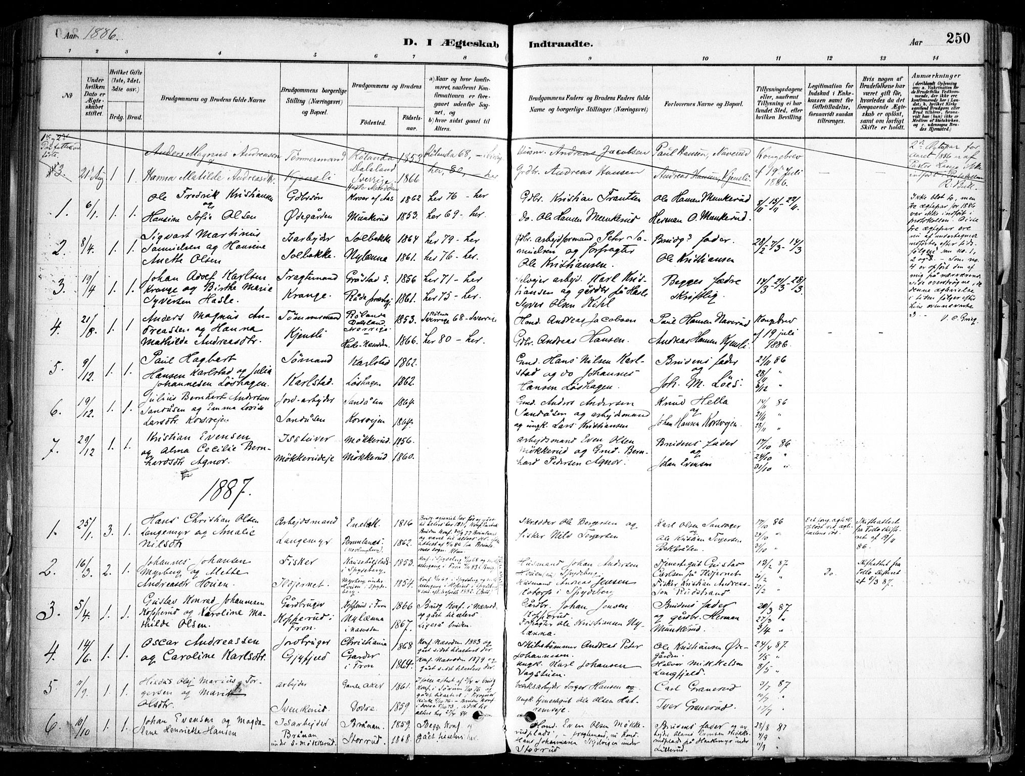 Nesodden prestekontor Kirkebøker, SAO/A-10013/F/Fa/L0009: Parish register (official) no. I 9, 1880-1915, p. 250