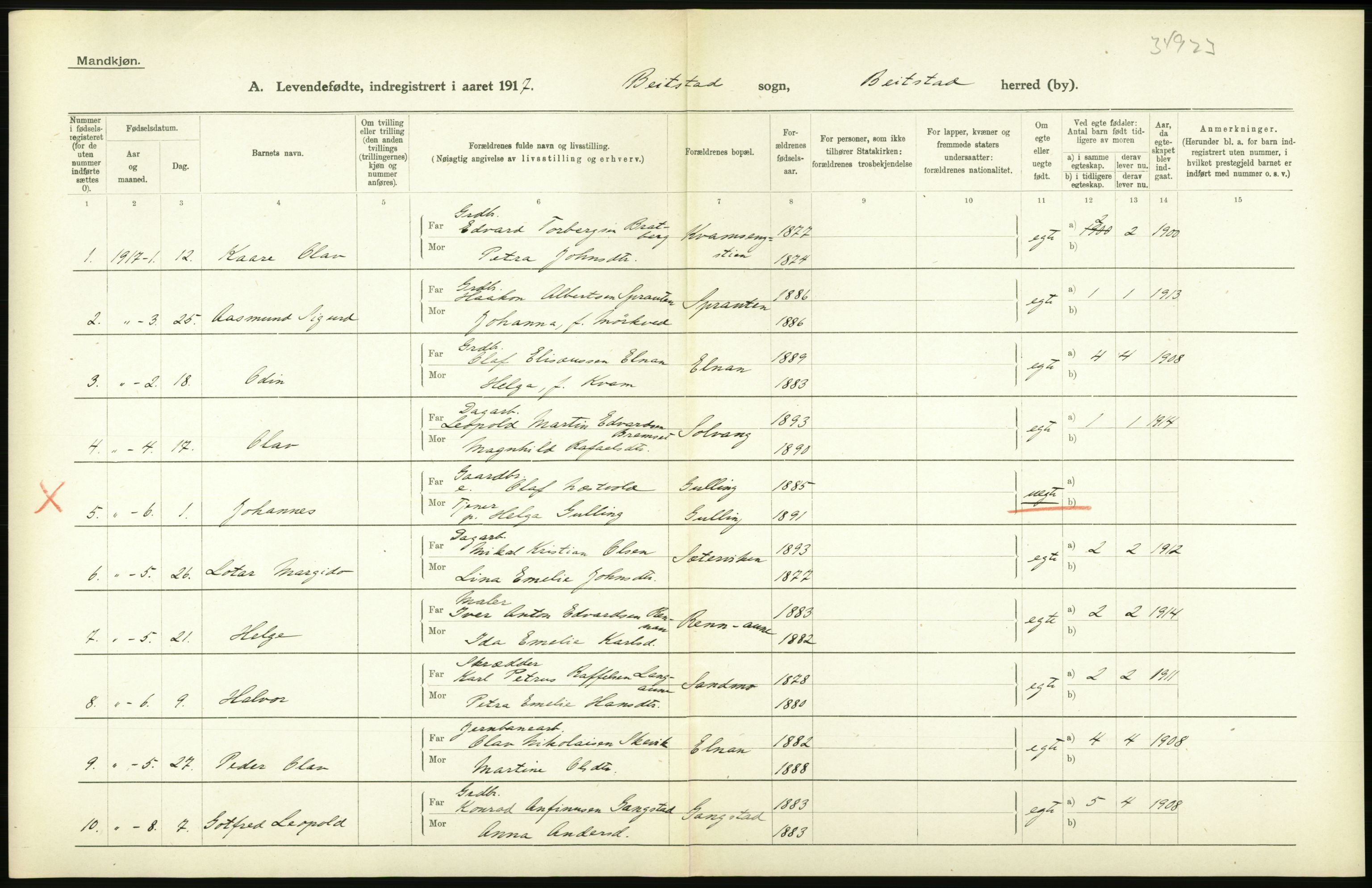 Statistisk sentralbyrå, Sosiodemografiske emner, Befolkning, AV/RA-S-2228/D/Df/Dfb/Dfbg/L0048: N. Bergenhus amt: Levendefødte menn og kvinner. Bygder og byer., 1917, p. 214