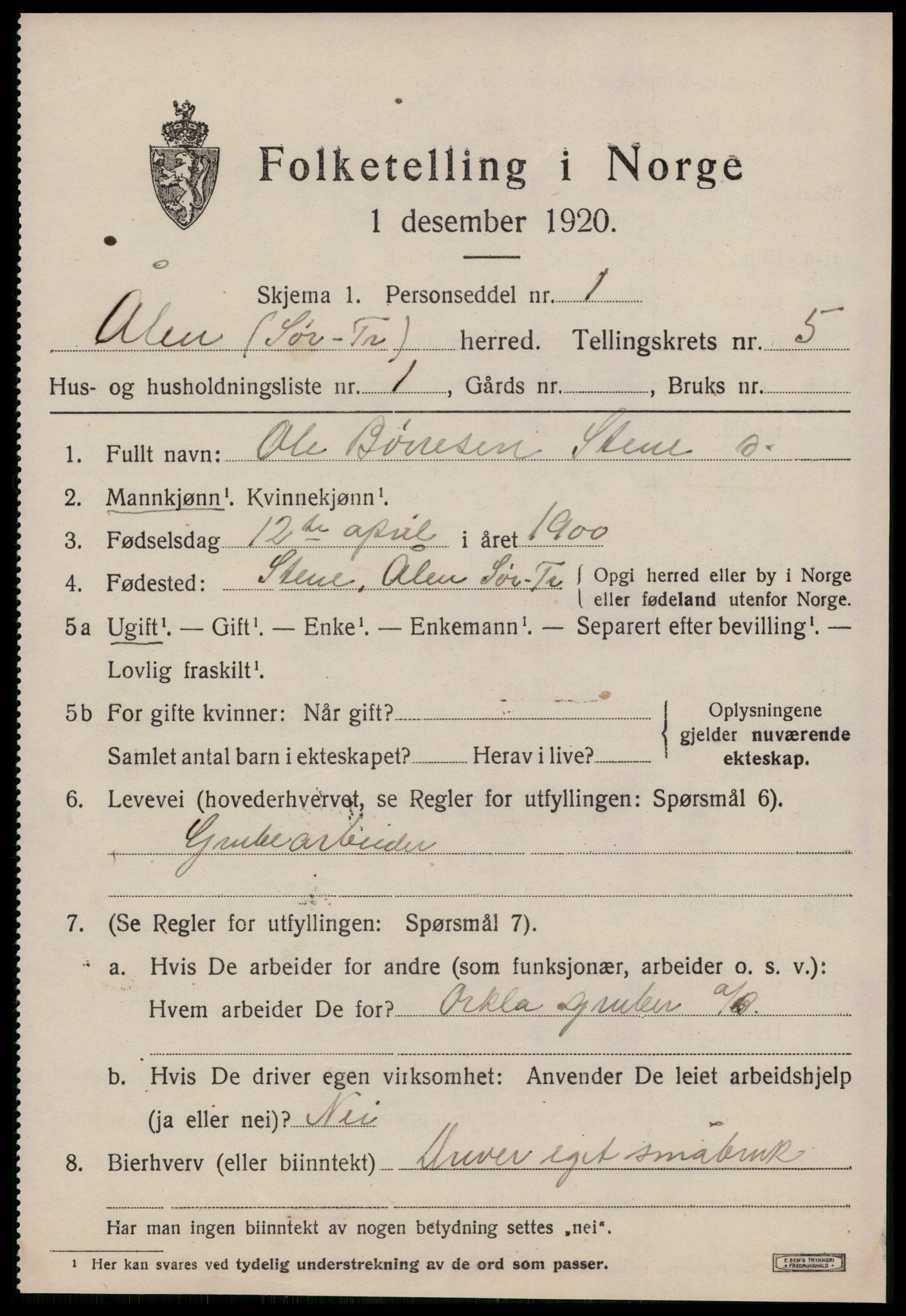 SAT, 1920 census for Ålen, 1920, p. 2350