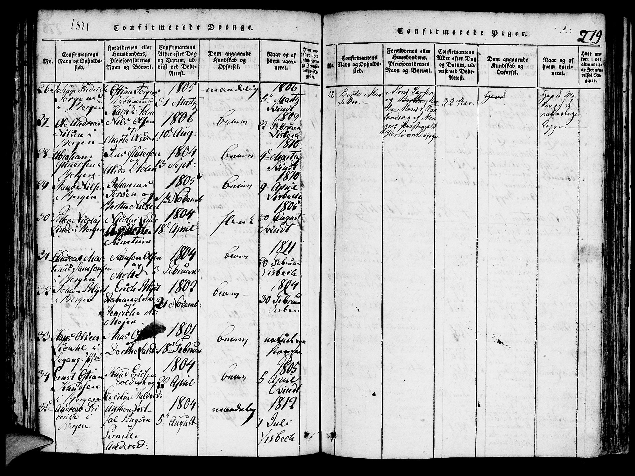 Domkirken sokneprestembete, AV/SAB-A-74801/H/Hab/L0001: Parish register (copy) no. A 1, 1816-1821, p. 279