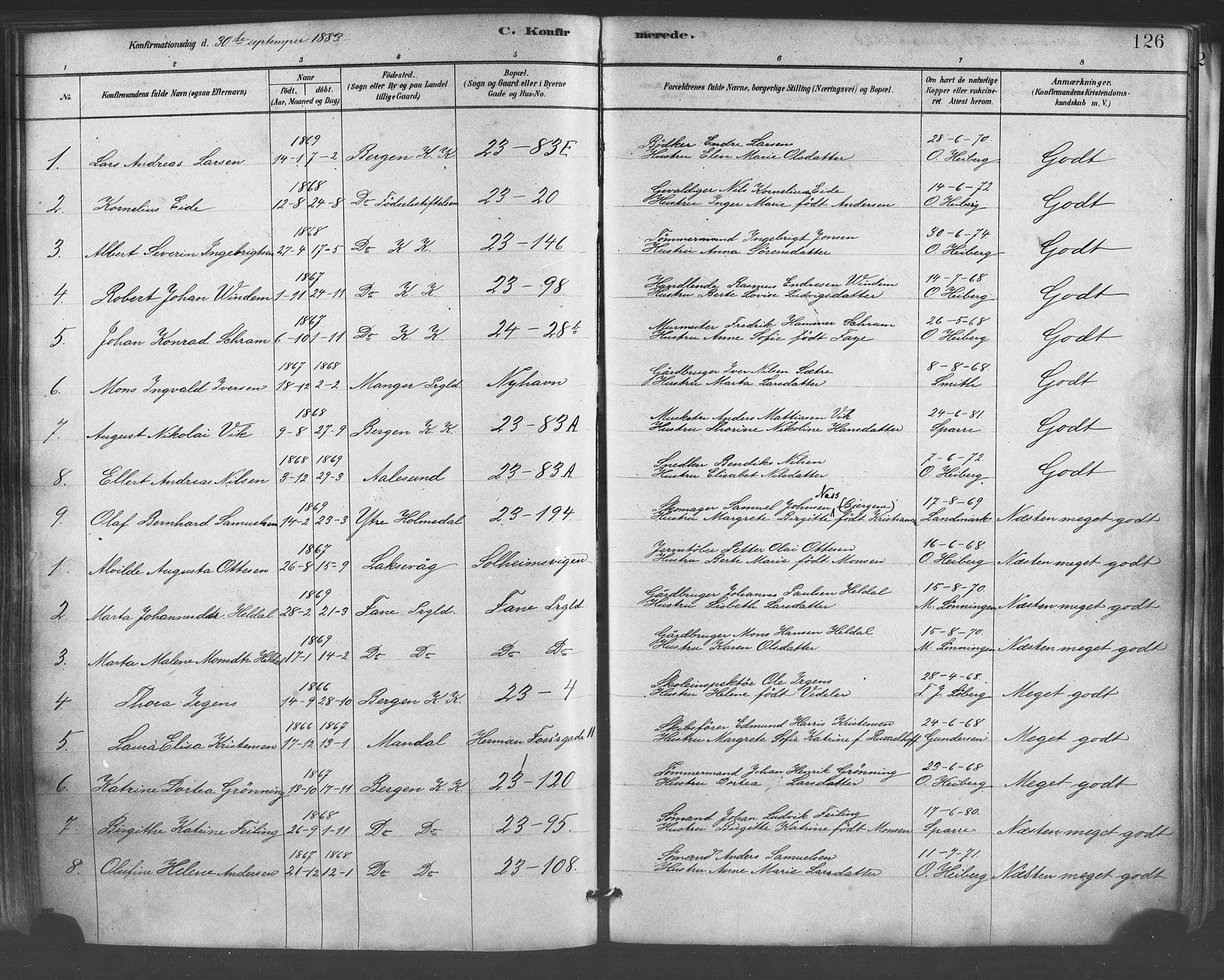 Mariakirken Sokneprestembete, AV/SAB-A-76901/H/Haa/L0007: Parish register (official) no. A 7, 1878-1893, p. 126