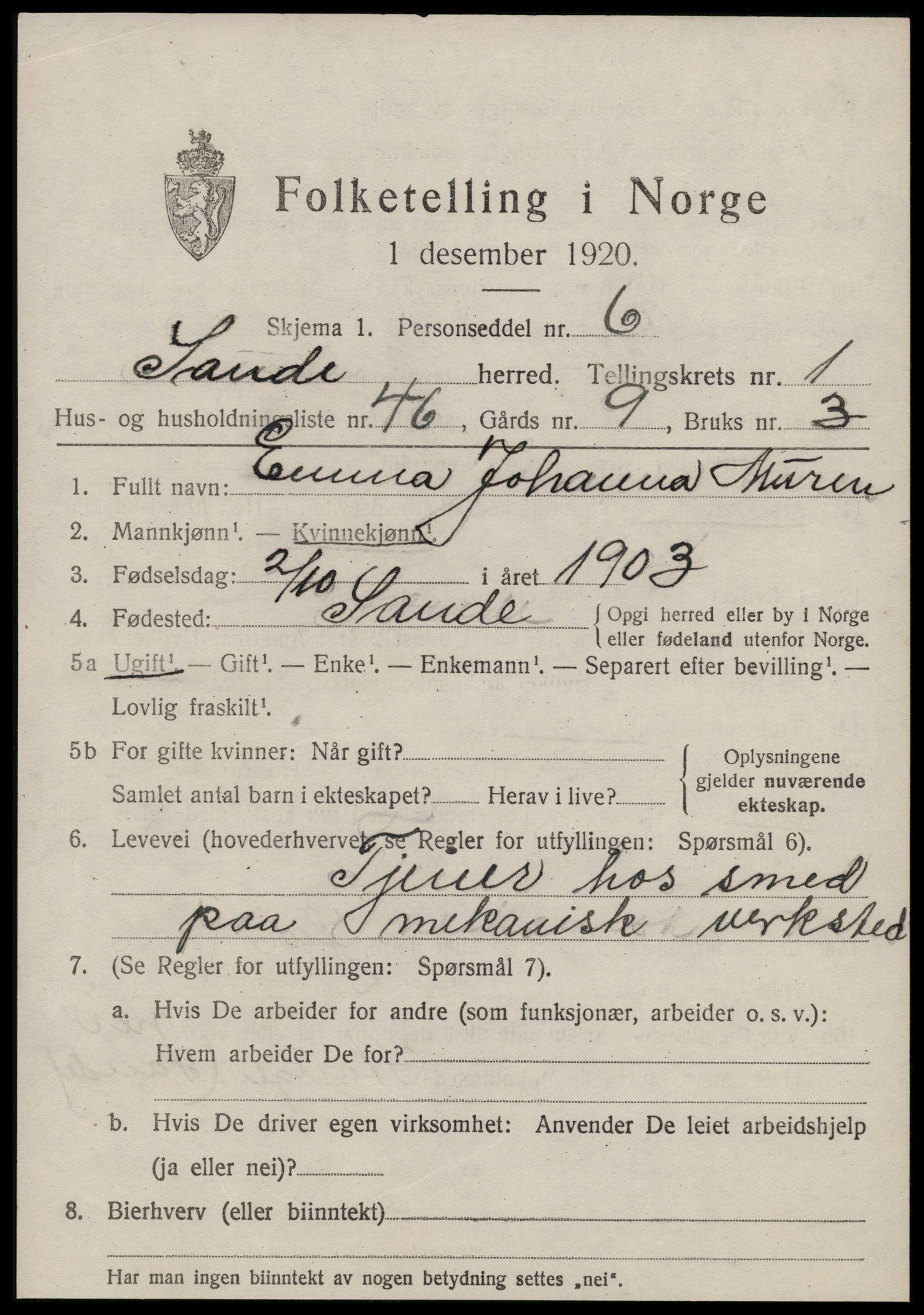 SAT, 1920 census for Sande (MR), 1920, p. 1576