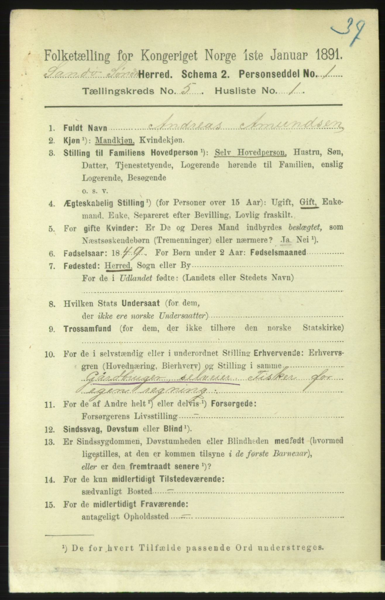 RA, 1891 census for 1514 Sande, 1891, p. 706