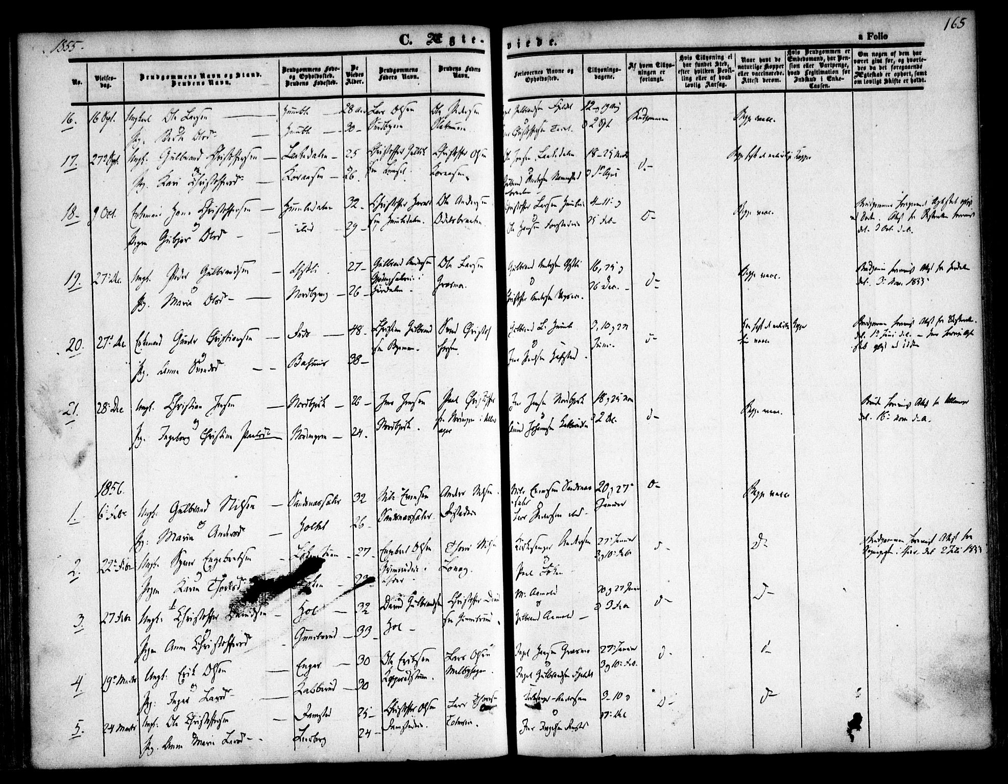 Nannestad prestekontor Kirkebøker, SAO/A-10414a/F/Fa/L0011: Parish register (official) no. I 11, 1850-1859, p. 165