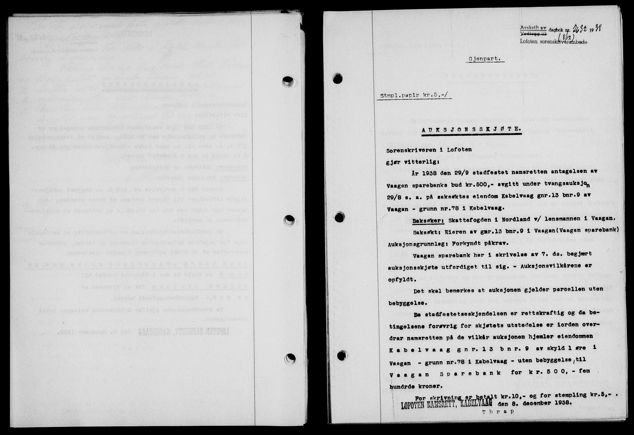 Lofoten sorenskriveri, SAT/A-0017/1/2/2C/L0005a: Mortgage book no. 5a, 1939-1939, Diary no: : 2632/1938