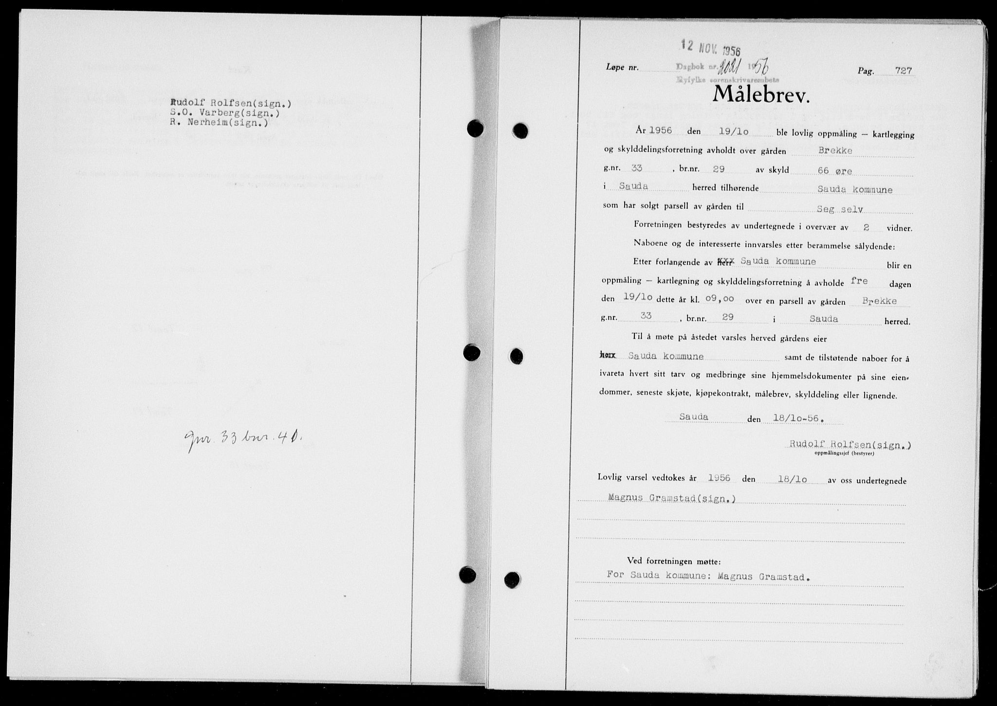 Ryfylke tingrett, AV/SAST-A-100055/001/II/IIB/L0135: Mortgage book no. 114, 1956-1957, Diary no: : 2021/1956