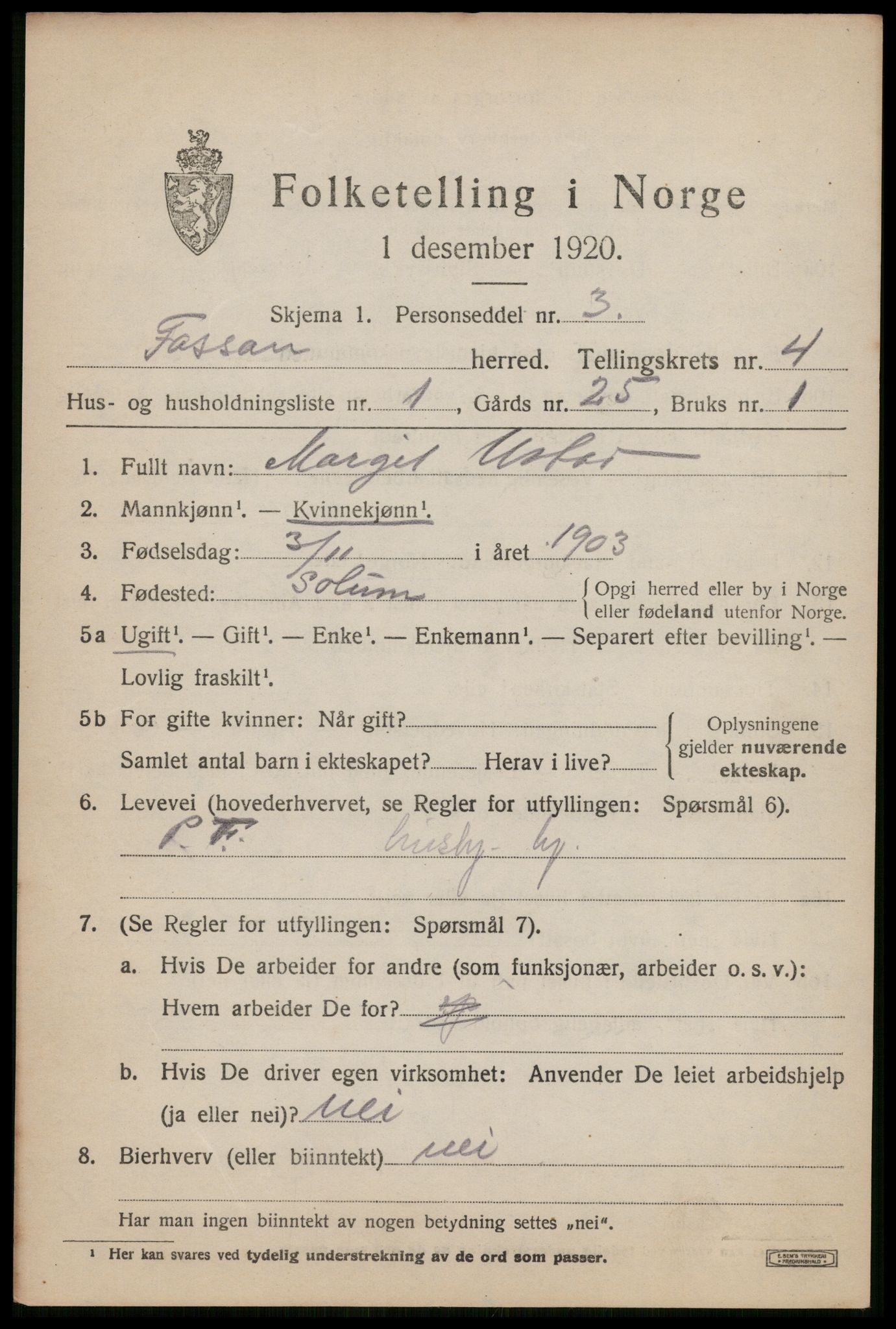 SAST, 1920 census for Forsand, 1920, p. 1621