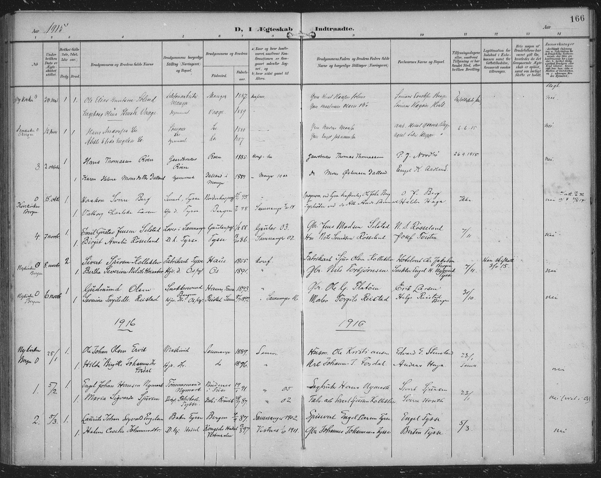 Samnanger Sokneprestembete, SAB/A-77501/H/Haa: Parish register (official) no. A 2, 1902-1918, p. 166