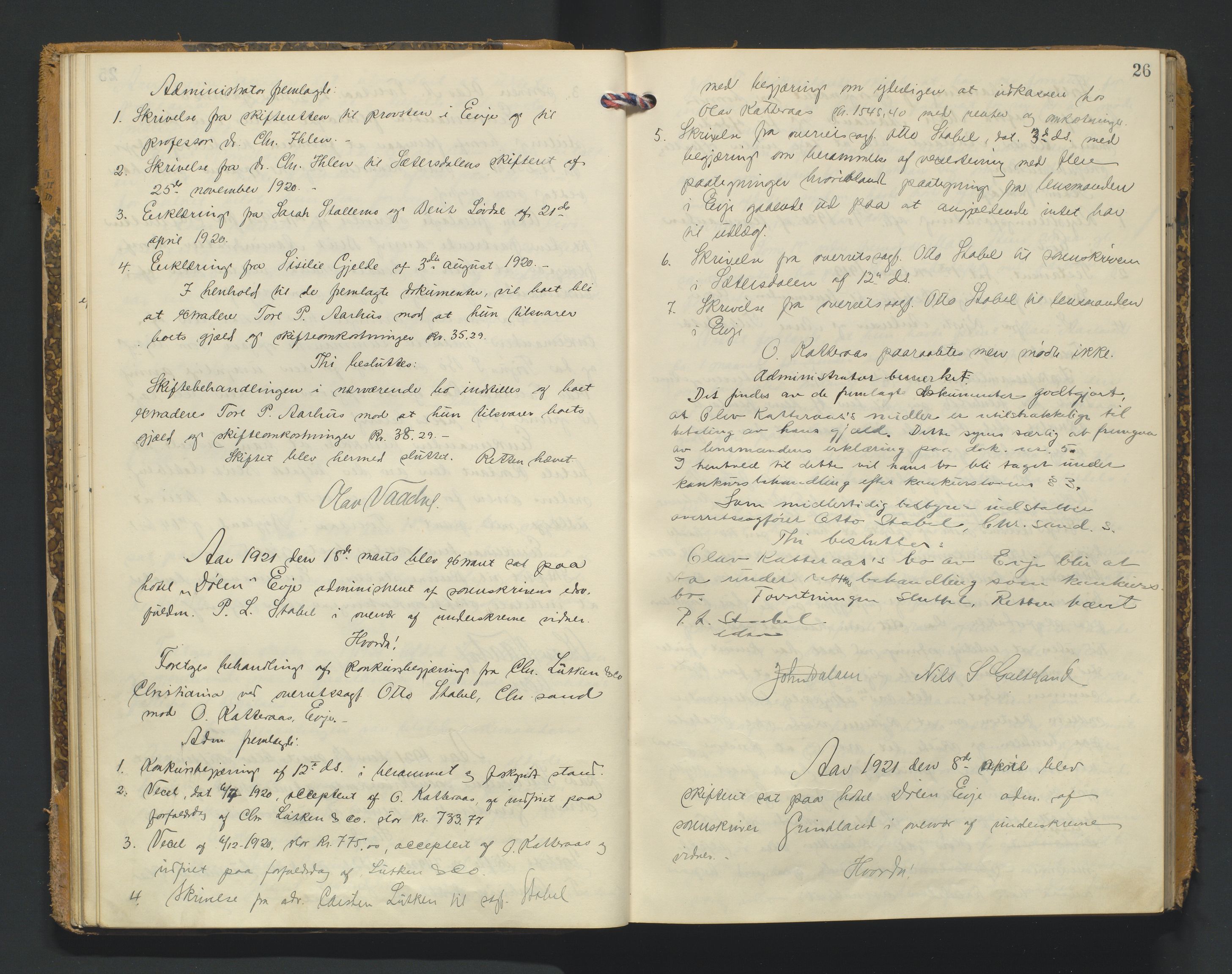 Setesdal sorenskriveri, AV/SAK-1221-0011/H/Hc/L0040: Skifteforhandlingsprotokoll nr 12, 1920-1927, p. 26