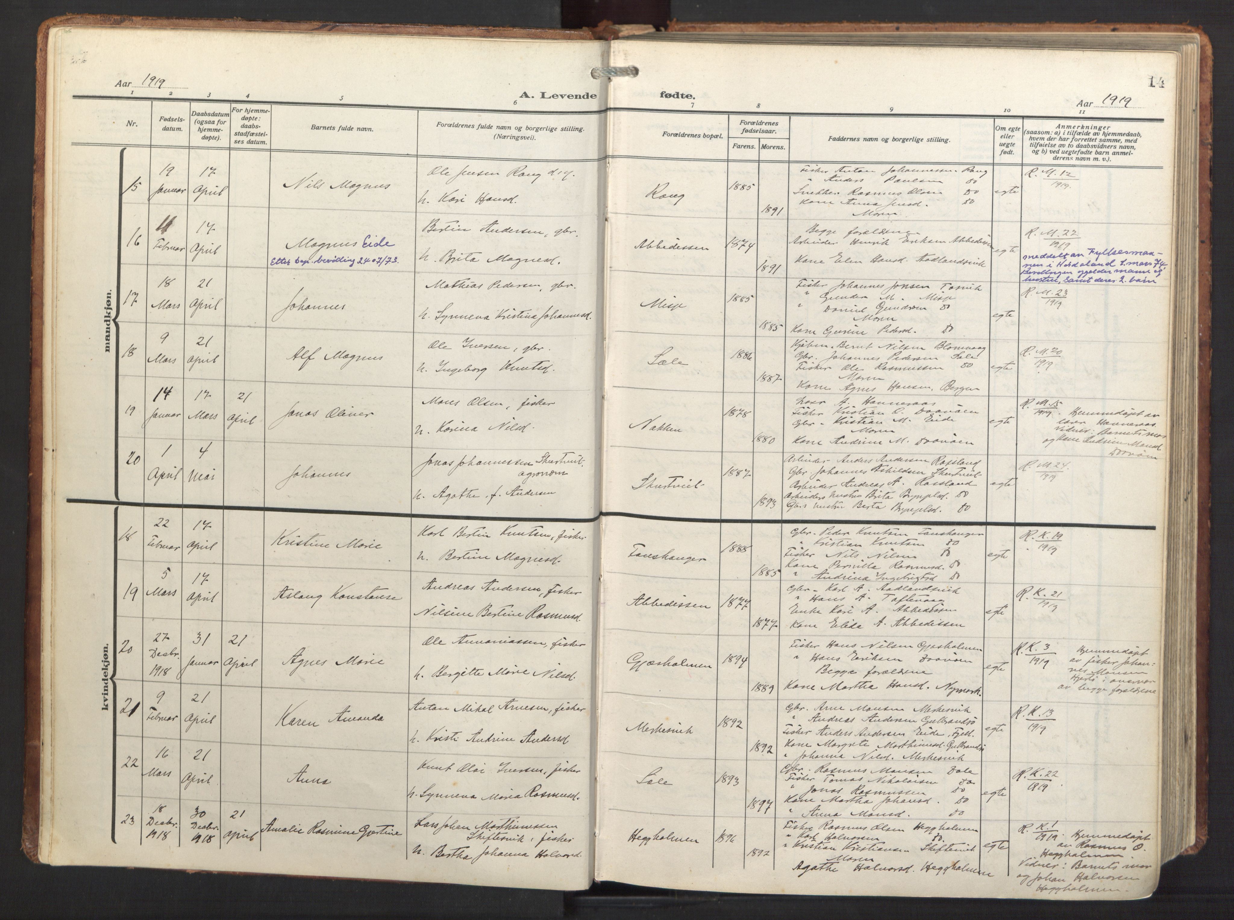 Herdla Sokneprestembete, AV/SAB-A-75701/H/Haa: Parish register (official) no. A 6, 1918-1933, p. 14