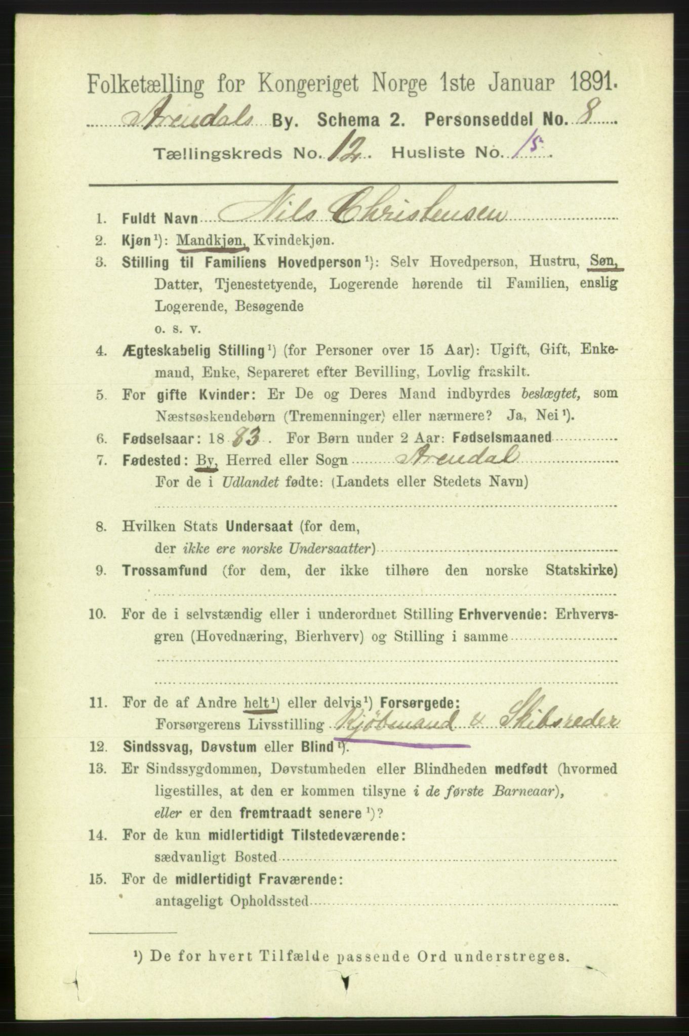 RA, 1891 census for 0903 Arendal, 1891, p. 4358