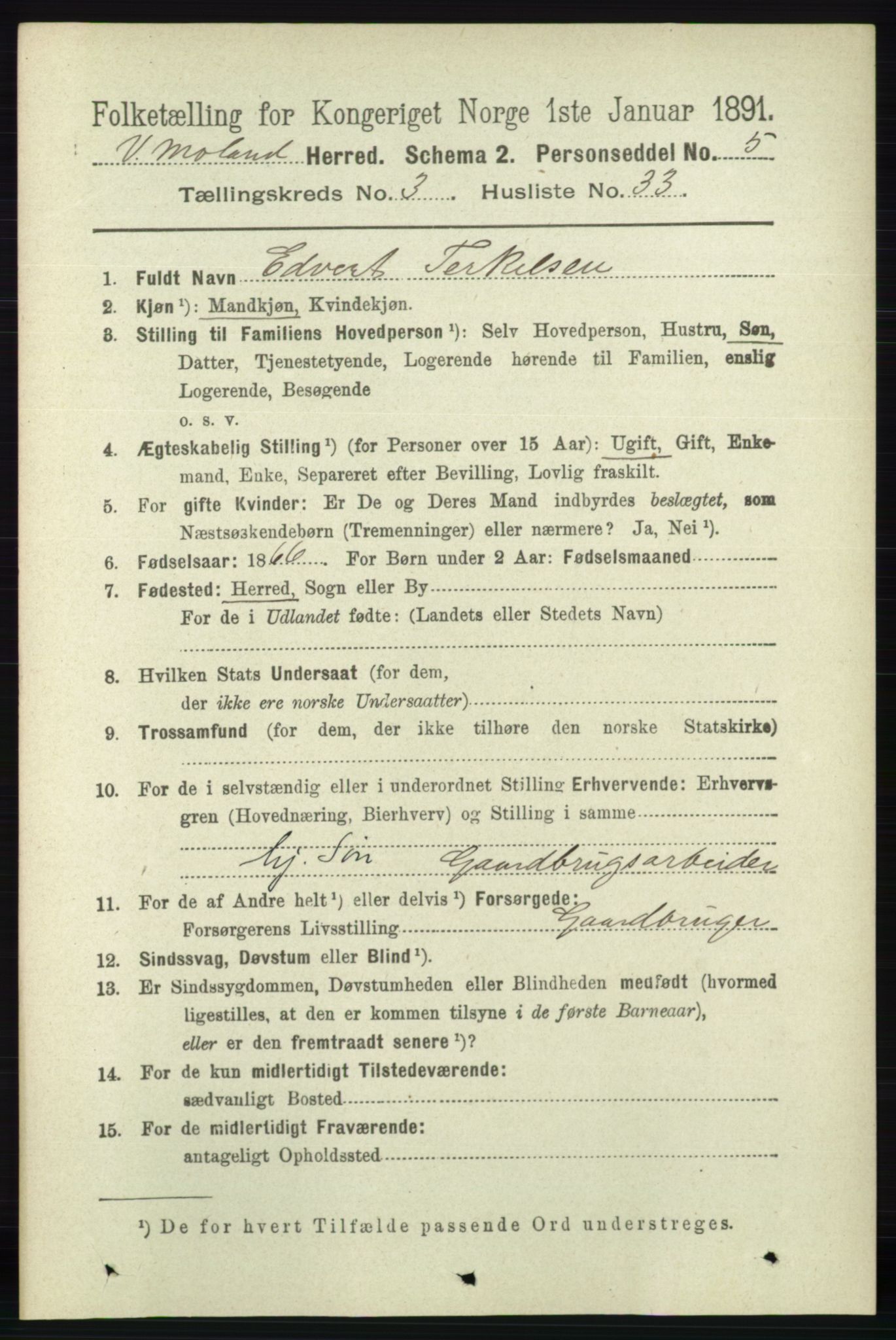 RA, 1891 census for 0926 Vestre Moland, 1891, p. 1137