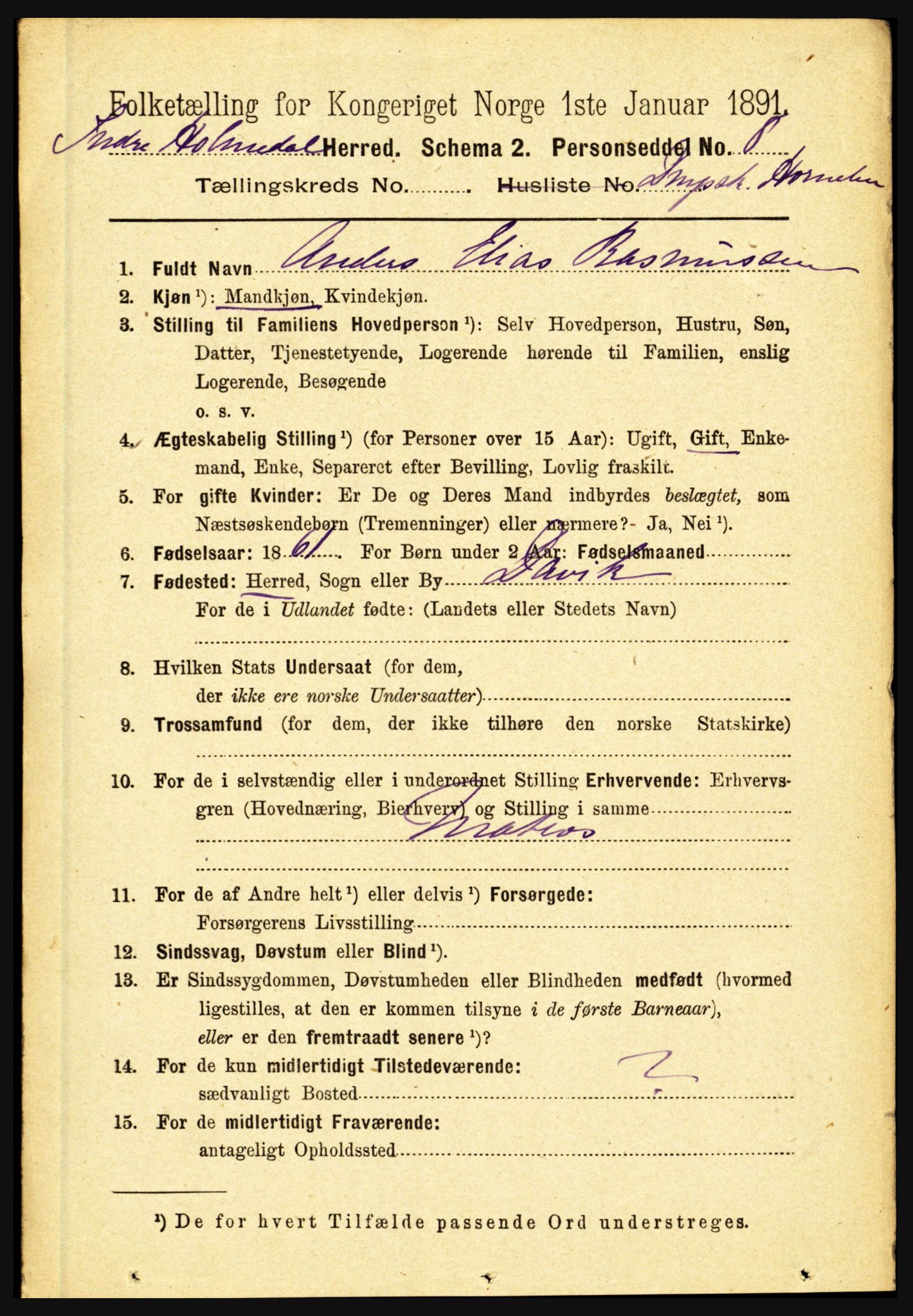 RA, 1891 census for 1430 Indre Holmedal, 1891, p. 4499