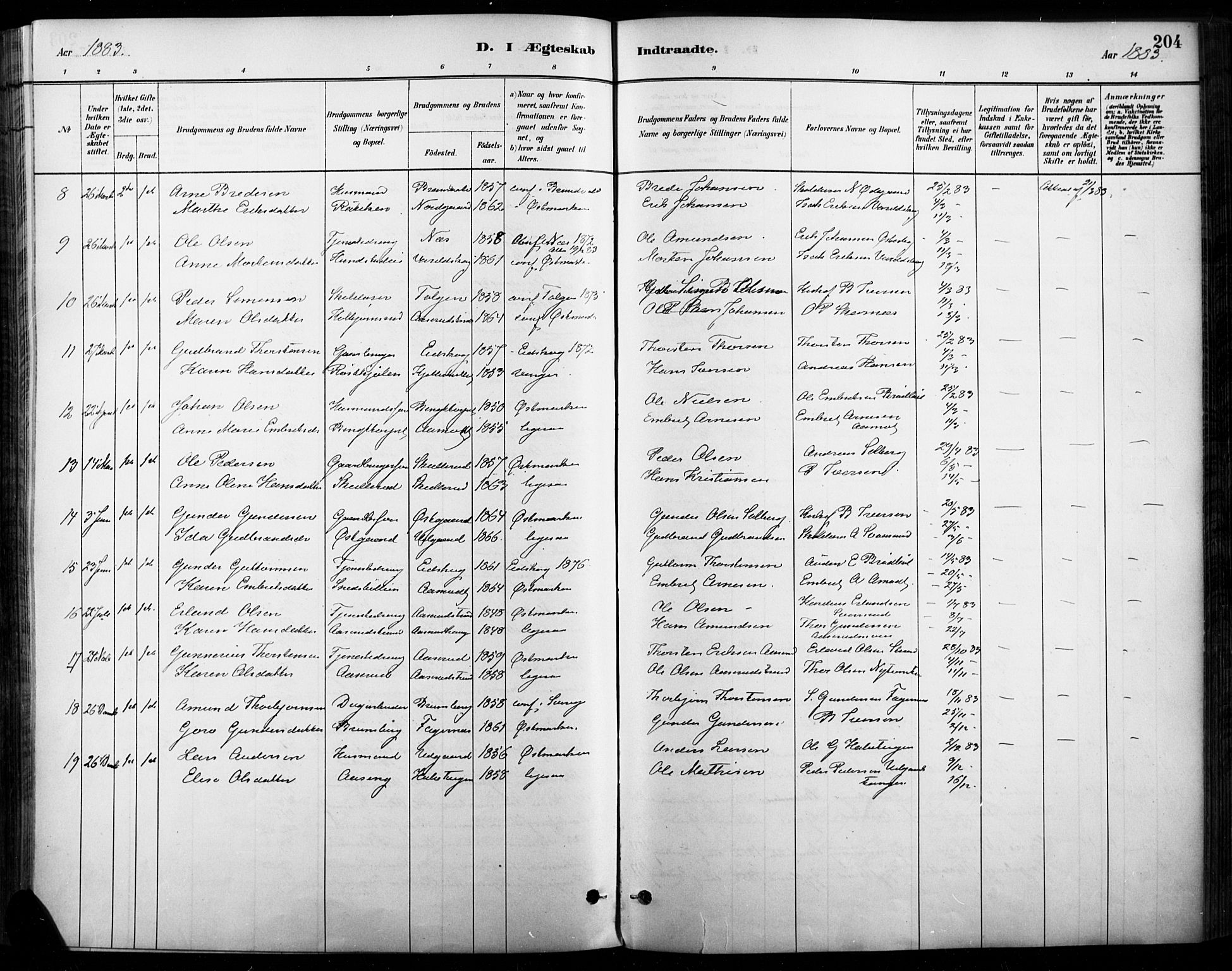 Vinger prestekontor, AV/SAH-PREST-024/H/Ha/Haa/L0015: Parish register (official) no. 15, 1881-1900, p. 204