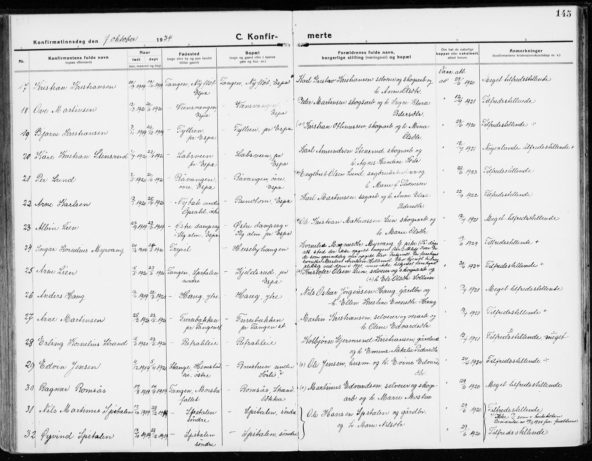 Stange prestekontor, SAH/PREST-002/K/L0025: Parish register (official) no. 25, 1921-1945, p. 145