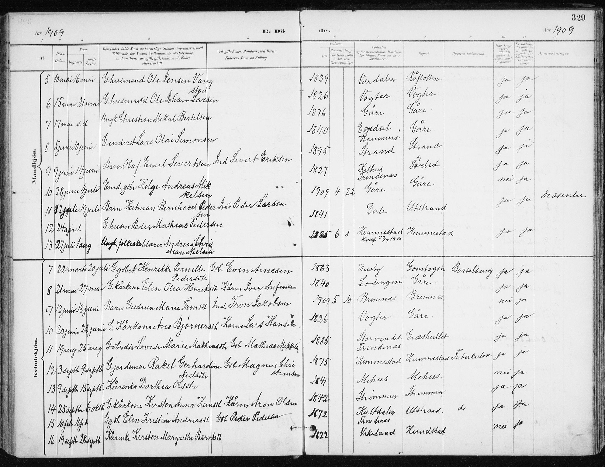 Kvæfjord sokneprestkontor, AV/SATØ-S-1323/G/Ga/Gaa/L0006kirke: Parish register (official) no. 6, 1895-1914, p. 329