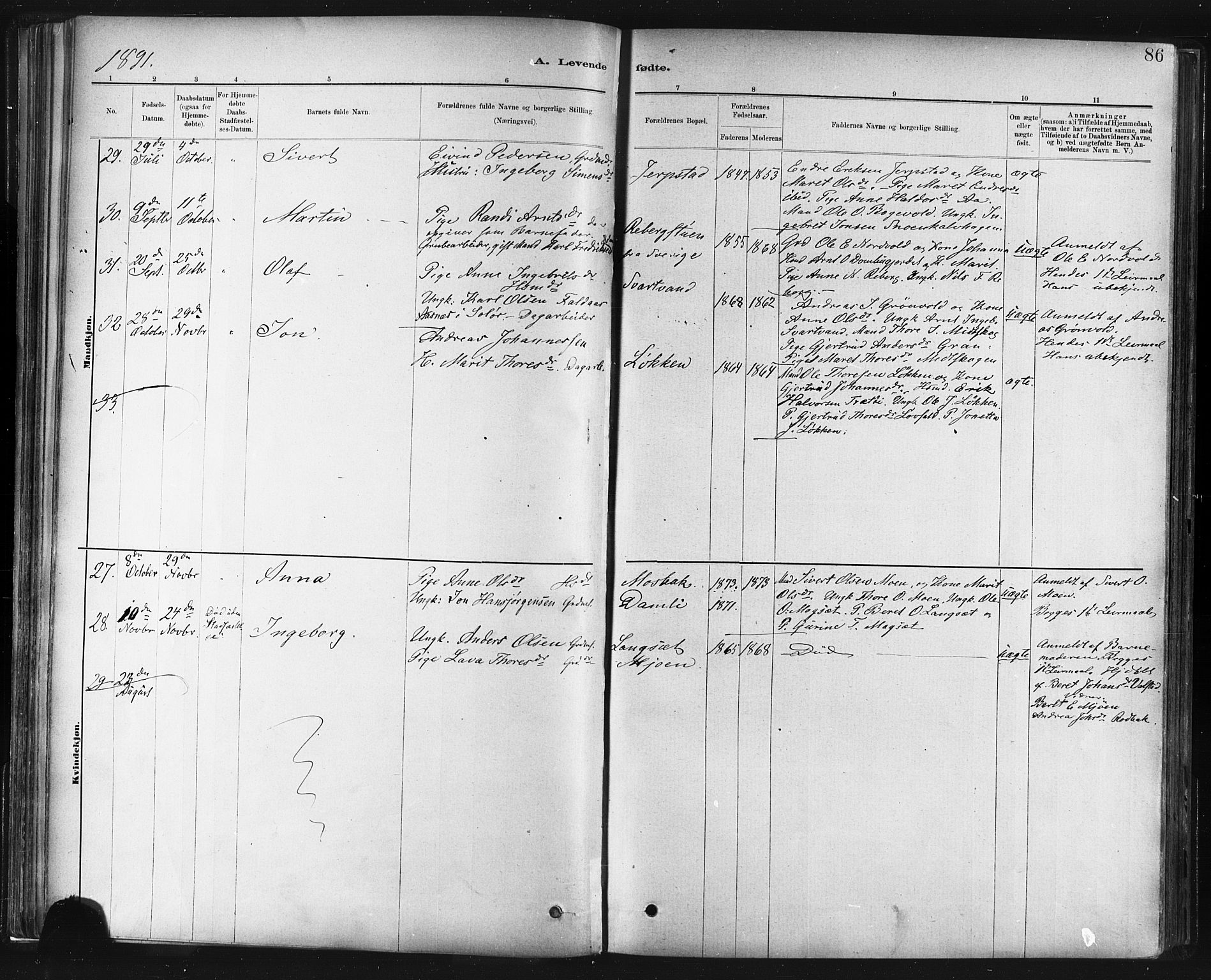 Ministerialprotokoller, klokkerbøker og fødselsregistre - Sør-Trøndelag, SAT/A-1456/672/L0857: Parish register (official) no. 672A09, 1882-1893, p. 86