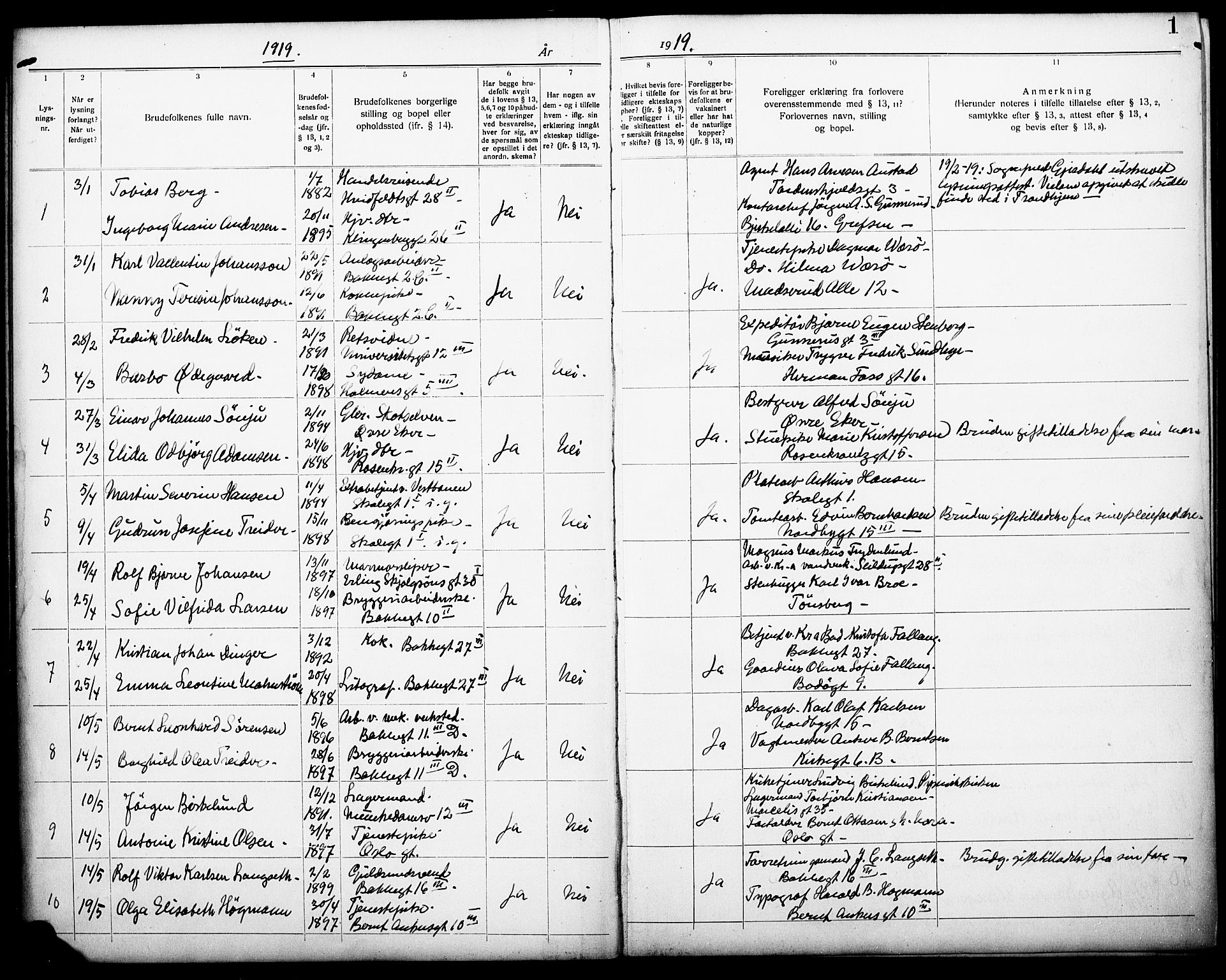 Piperviken prestekontor Kirkebøker, SAO/A-10874/H/L0001: Banns register no. 1, 1919-1930, p. 1