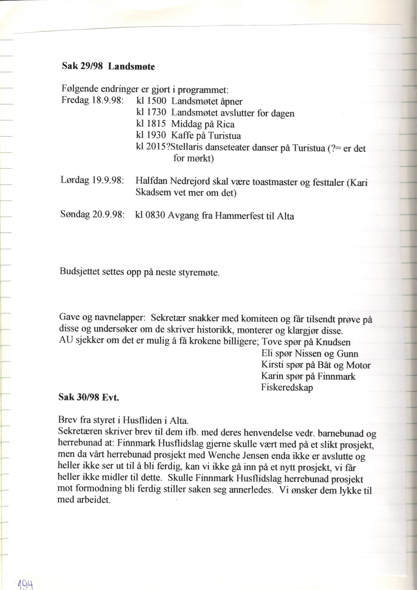 Finnmark Husflidslag, FMFB/A-1134/A/L0004: Møtebok, 1995-2000, p. 198