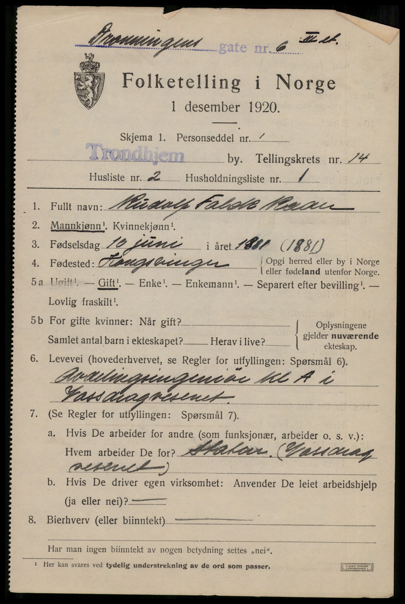 SAT, 1920 census for Trondheim, 1920, p. 51102