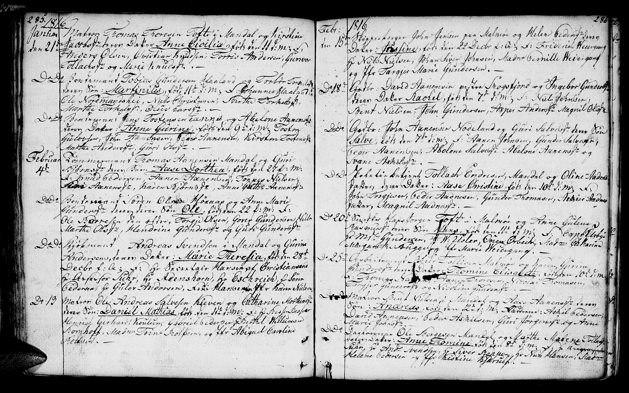 Mandal sokneprestkontor, SAK/1111-0030/F/Fa/Faa/L0008: Parish register (official) no. A 8, 1794-1817, p. 285-286