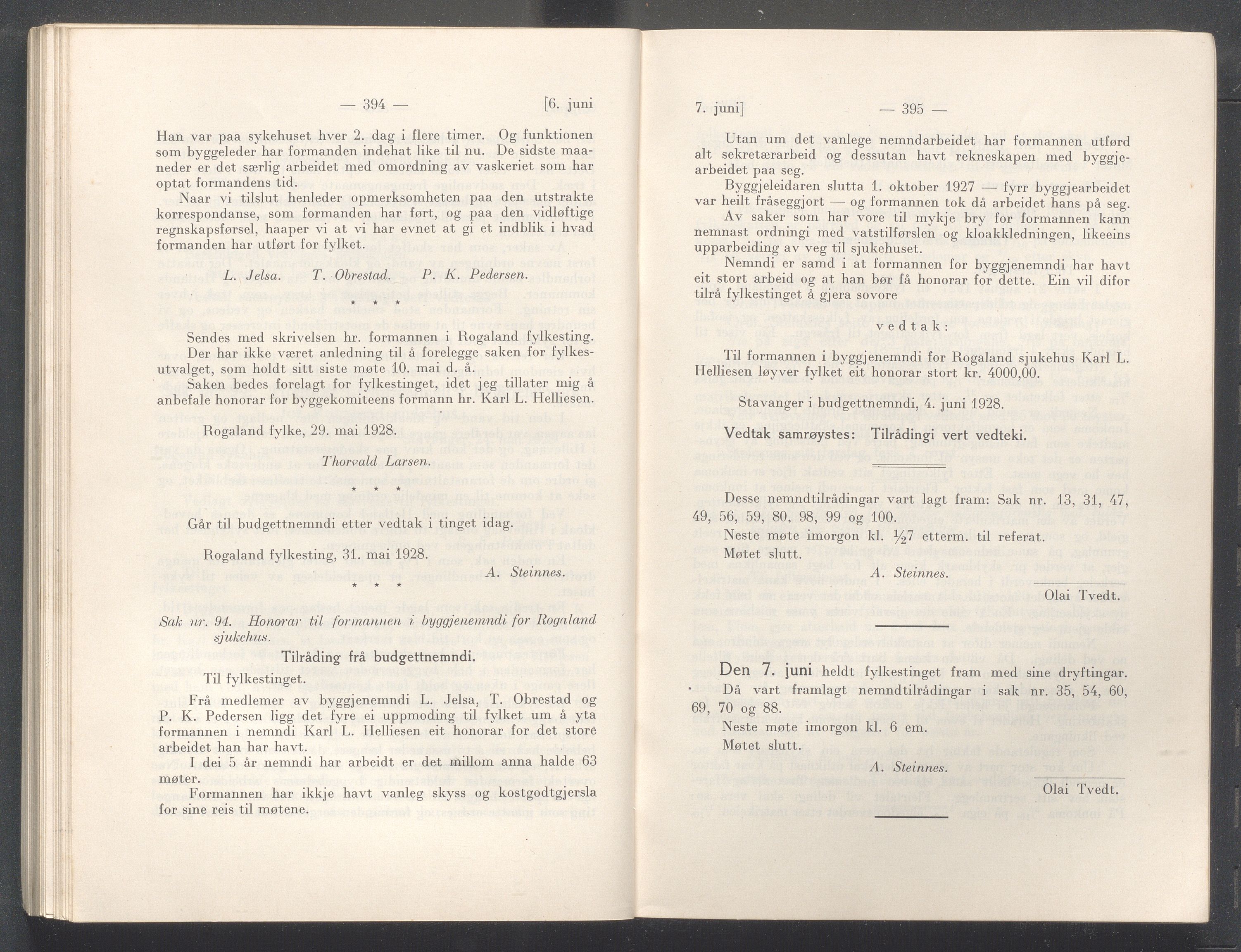 Rogaland fylkeskommune - Fylkesrådmannen , IKAR/A-900/A/Aa/Aaa/L0047: Møtebok , 1928, p. 394-395