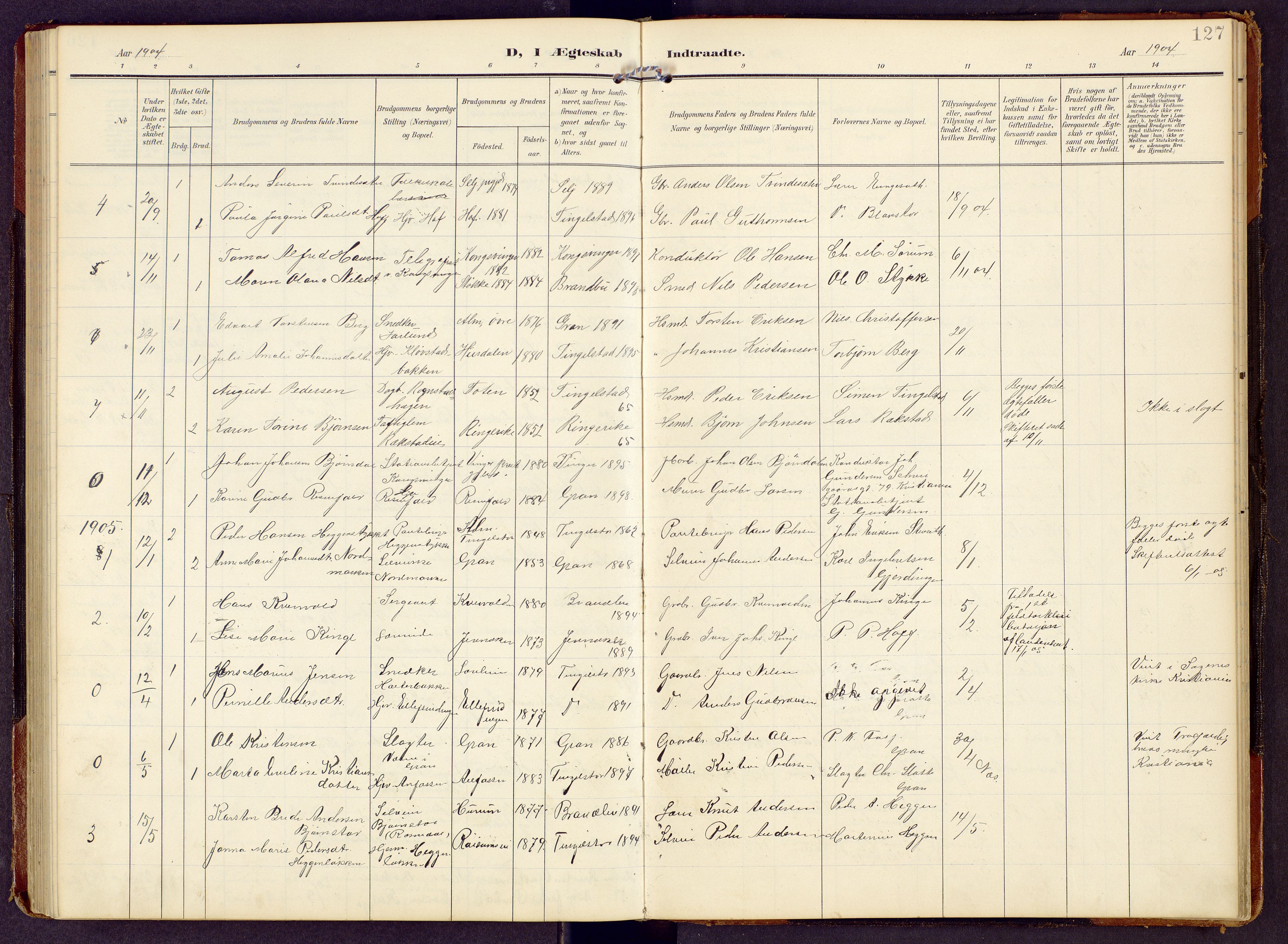 Brandbu prestekontor, SAH/PREST-114/H/Ha/Hab/L0009: Parish register (copy) no. 9, 1903-1916, p. 127